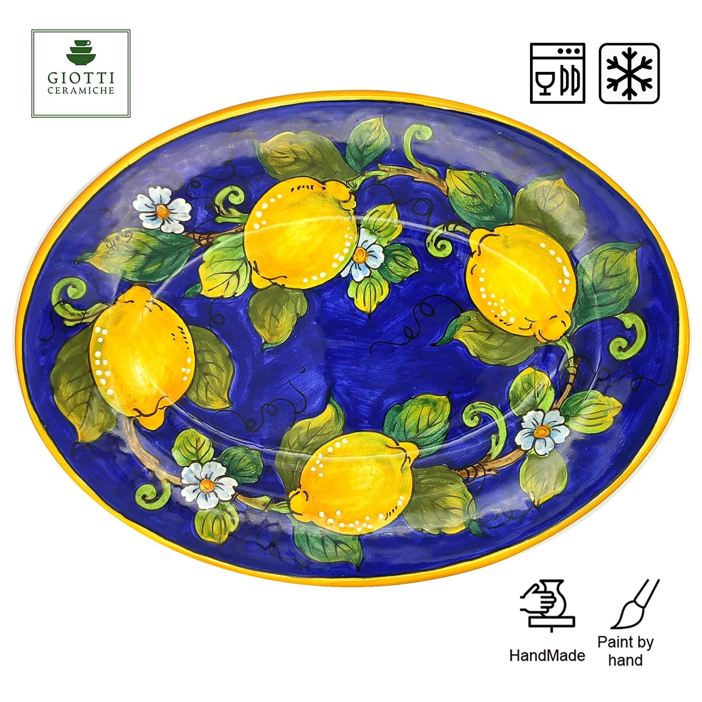 Large Oval Ceramic Tray for kitchen - Italian dinnerware meat serving - Lemons On Blue serving tray - Hand painted Tuscan pottery bowl - Made in Italy plates - Ceramics salad tuscany
