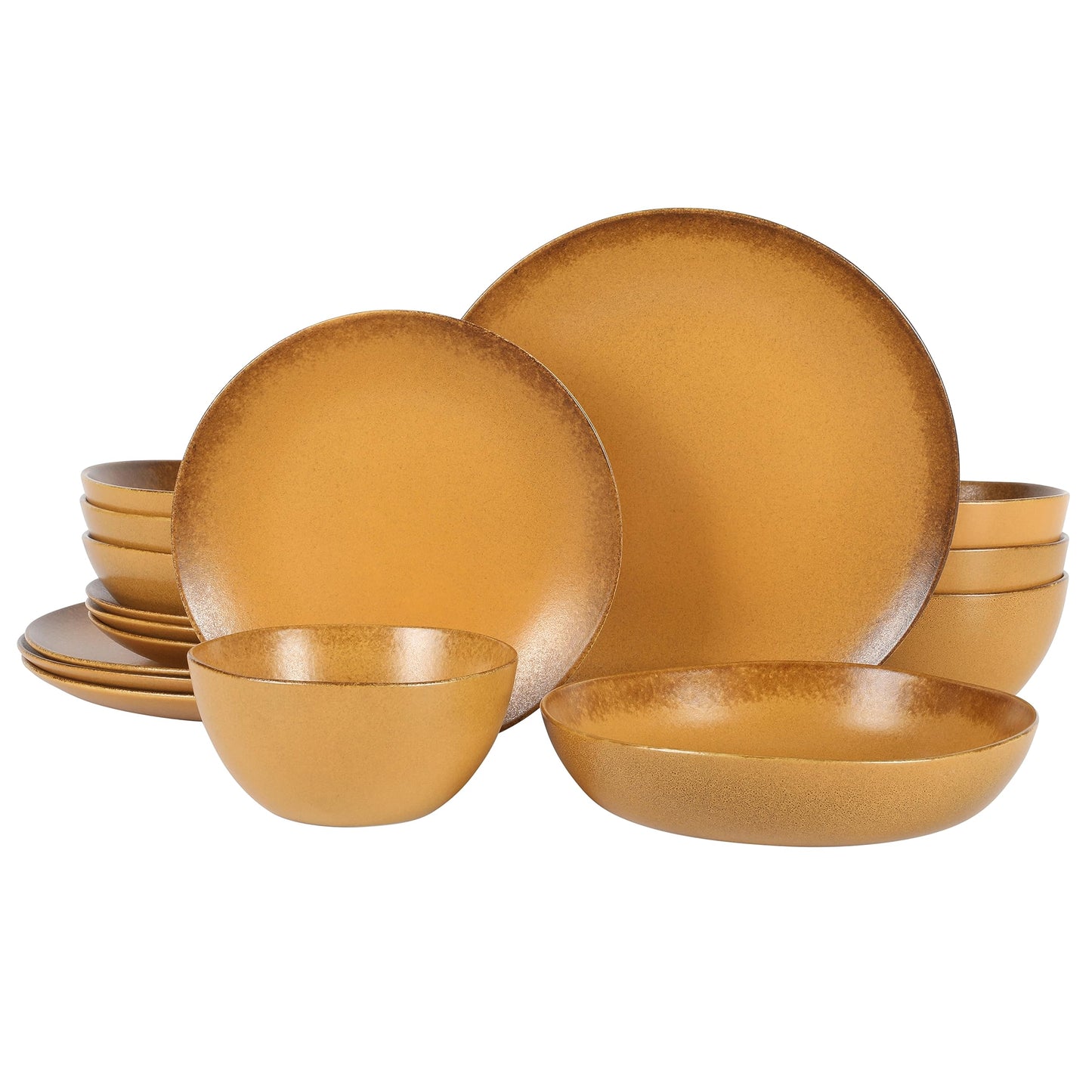 Bloomhouse Palermo Sun Double Bowl Stoneware Reactive Glaze Plates and Bowls Dinnerware Set - Tumeric Yellow, Service for Four (16pcs)