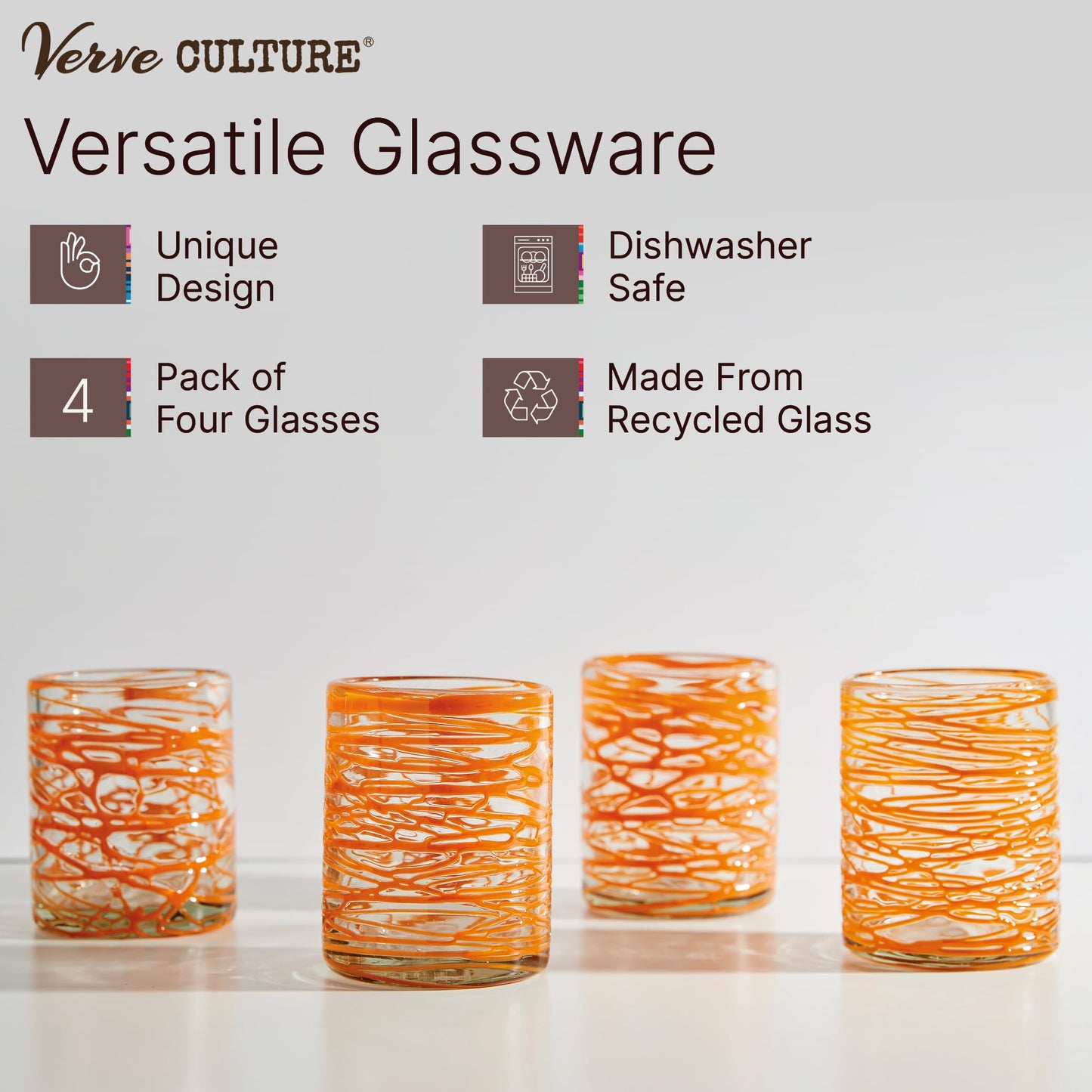 Verve CULTURE Hand Blown Drinking Glasses Set of 4 Orange Swirl Water Glasses | Authentic Mexican Glassware | 13 oz Capacity