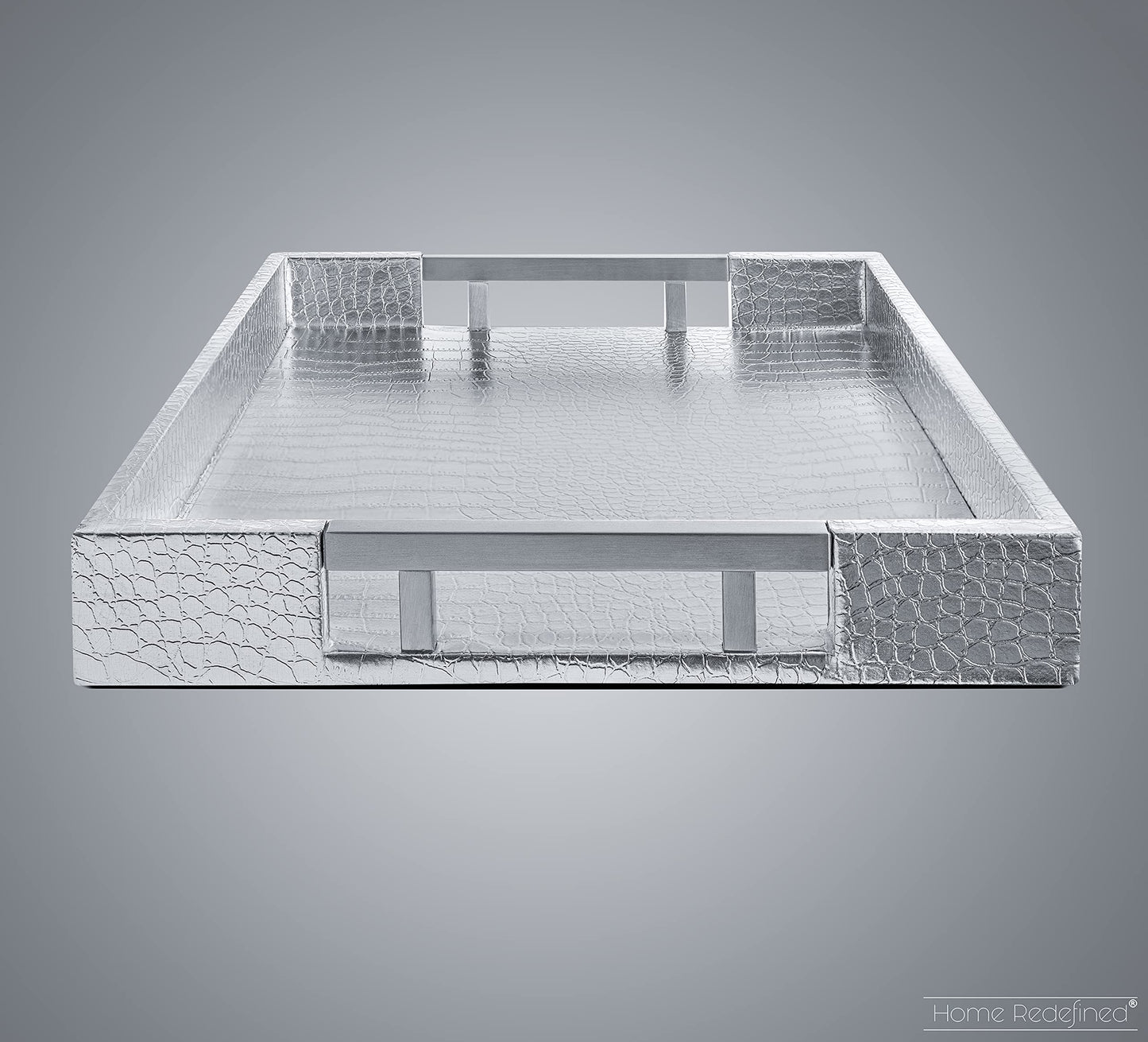 Modern Elegant 18"x12" Rectangle Glossy Silver Crocodile Faux Leather Tray Decorative Ottoman Coffee Table Tray Perfume Dresser Kitchen Serving Tray with Silver Metal Handles by Home Redefined