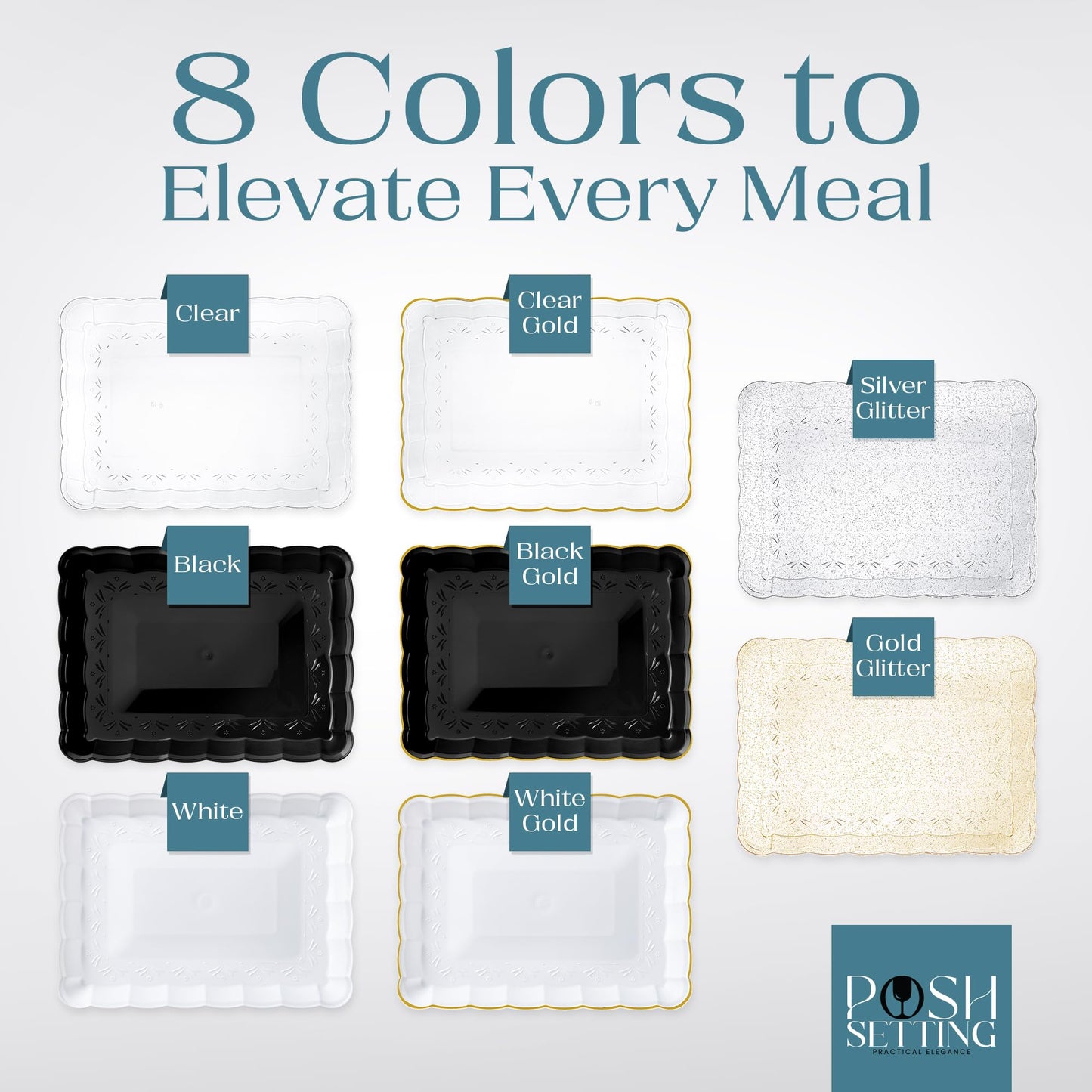 Posh Setting - Plastic Trays for Serving Food, Glitter Gold Serving Trays for Party, Plastic Serving Trays, Serving Dishes for Parties, Plastic Platters & Food Trays for Party, Plastic Serveware-9x13