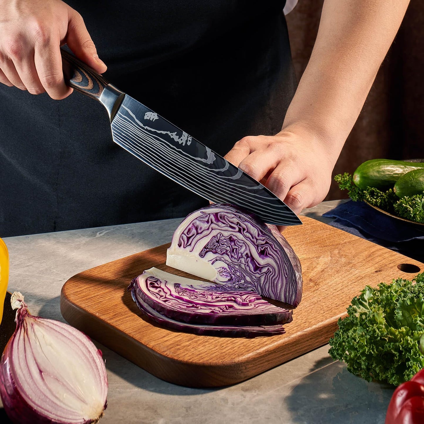 SENKEN 16-Piece Acacia Wood Knife Block Set with Laser Damascus Pattern - Includes Steak Knives, Kitchen Shears, Chef's Knife, Santoku, Cleaver & More