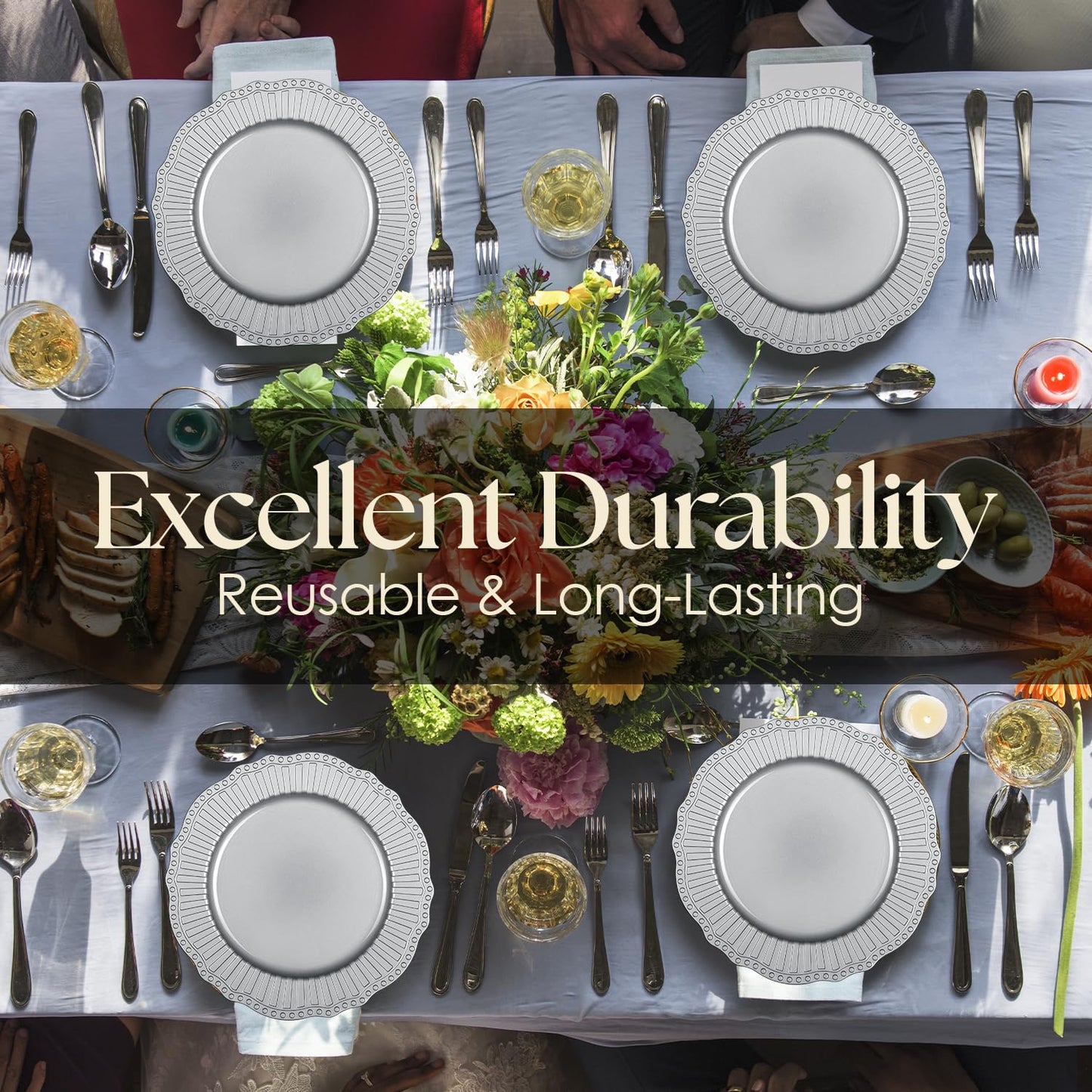 TABLETROVES Silver Charger Plates Set - 13” Vintage Plastic Dinnerware Set - Reusable Elegant Serving Plates for Parties, Weddings and Events (6 Set)