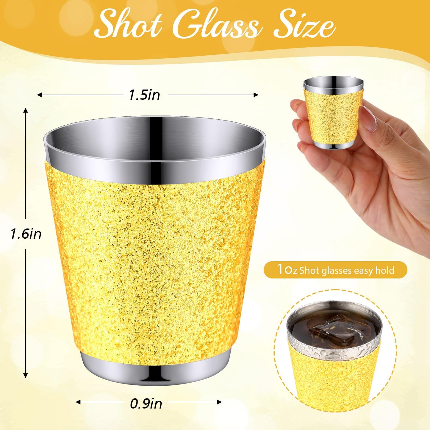 Qinyoung 50 Pcs 1 oz Stainless Steel Shot Glasses Bling Wine Glitter Metal Shot Glasses Bachelorette Wedding Valentine's Party Supplies for Espresso Whiskey Bar(Golden)