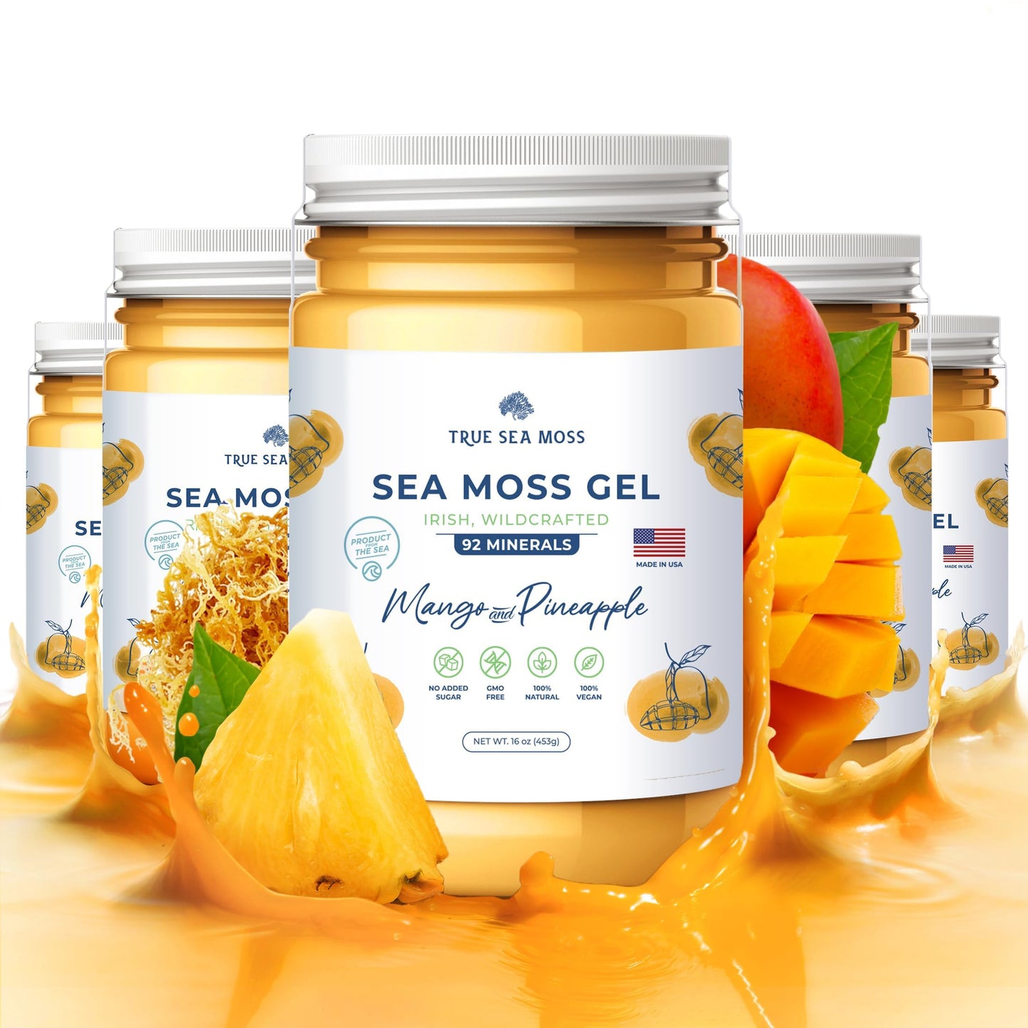 TrueSeaMoss Wildcrafted Irish Sea Moss Gel - Made with Dried Seaweed & Fresh Sea Vegetables, Seamoss - Made in USA (Mango/Pineapple, Pack of 5)