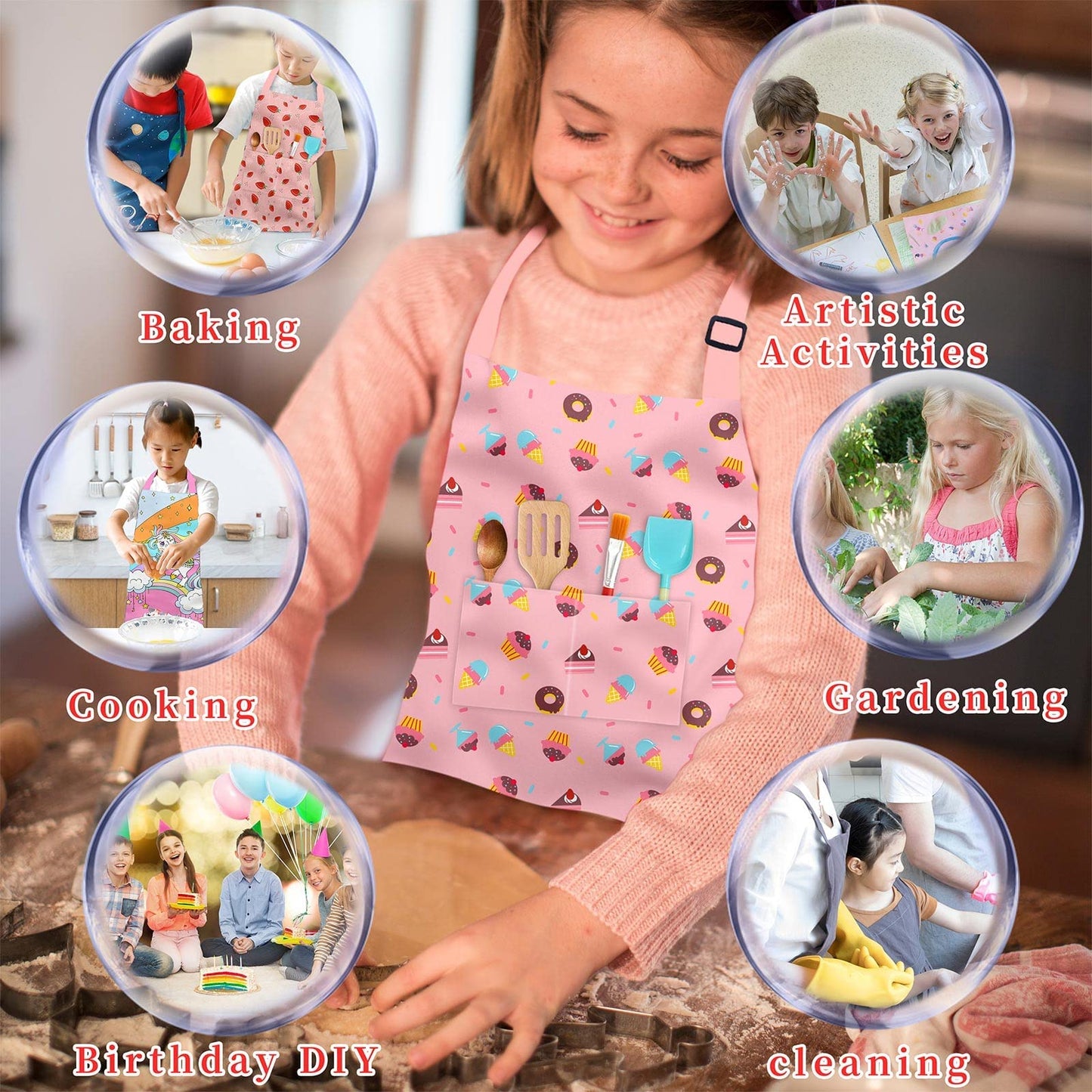 Kids’ Apron for Cooking, Baking, Painting, Crafting, and Gardening - Pastries, Strawberry or Unicorn Theme