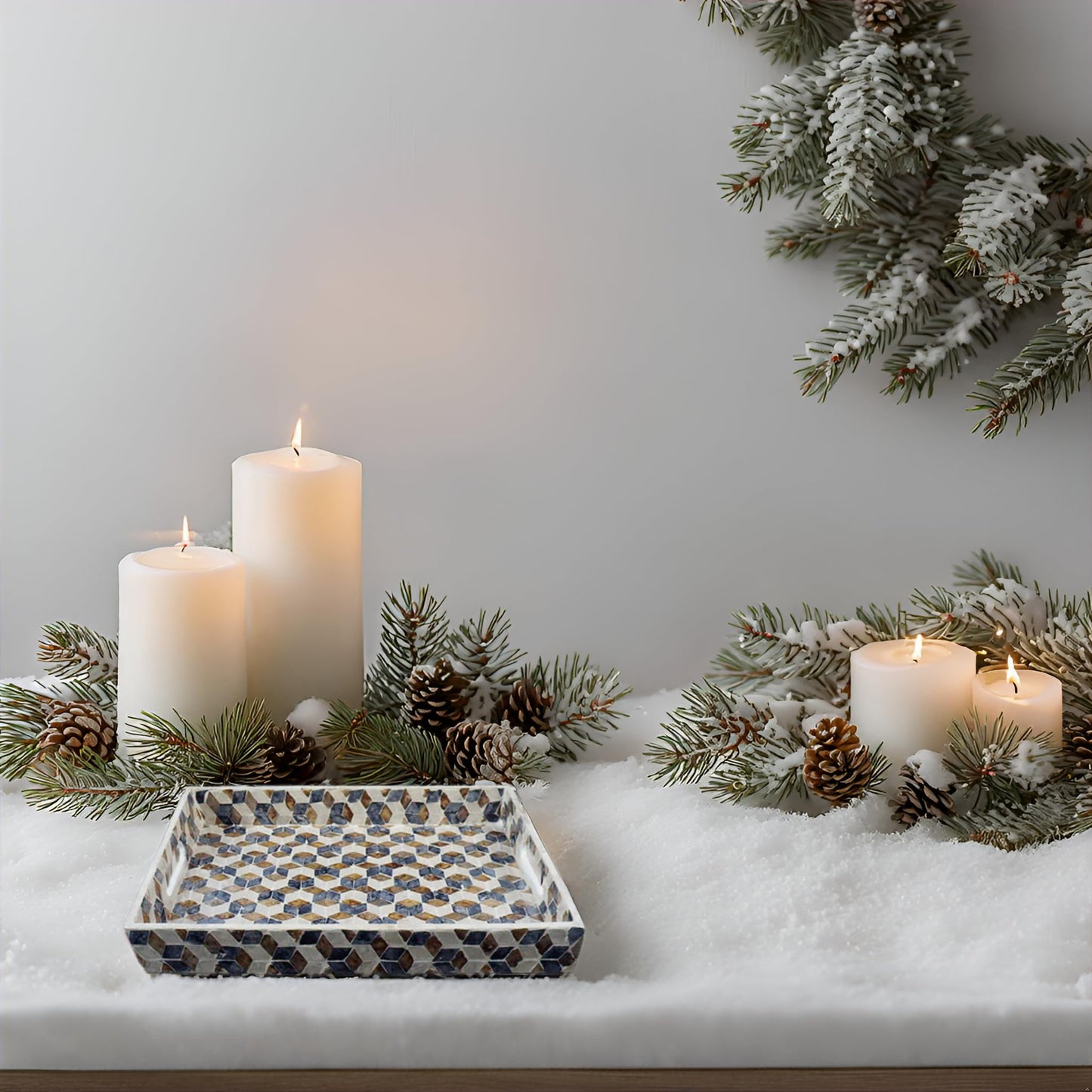 Rectangular Mother of Pearl Serving Tray Nacre Wood Lap Tray Coffee Table Ottoman Tray w Insert Handles, Luxury Decorative Handmade Eating Tray (Geometric Cube)