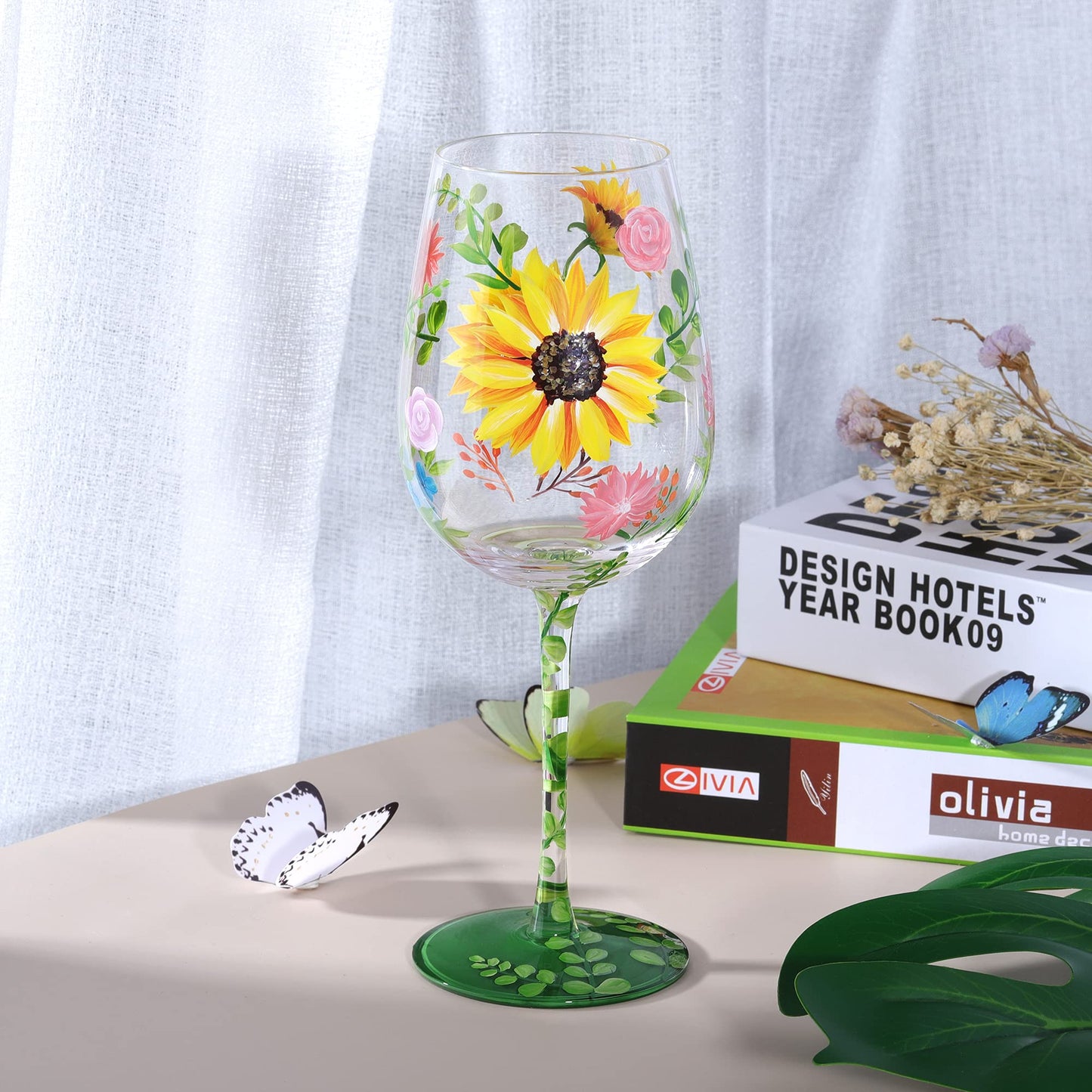NymphFable Hand-painted Wine Glass Watercolor Flowers Artisan Painted 15oz Personalised Gift for Best Friend
