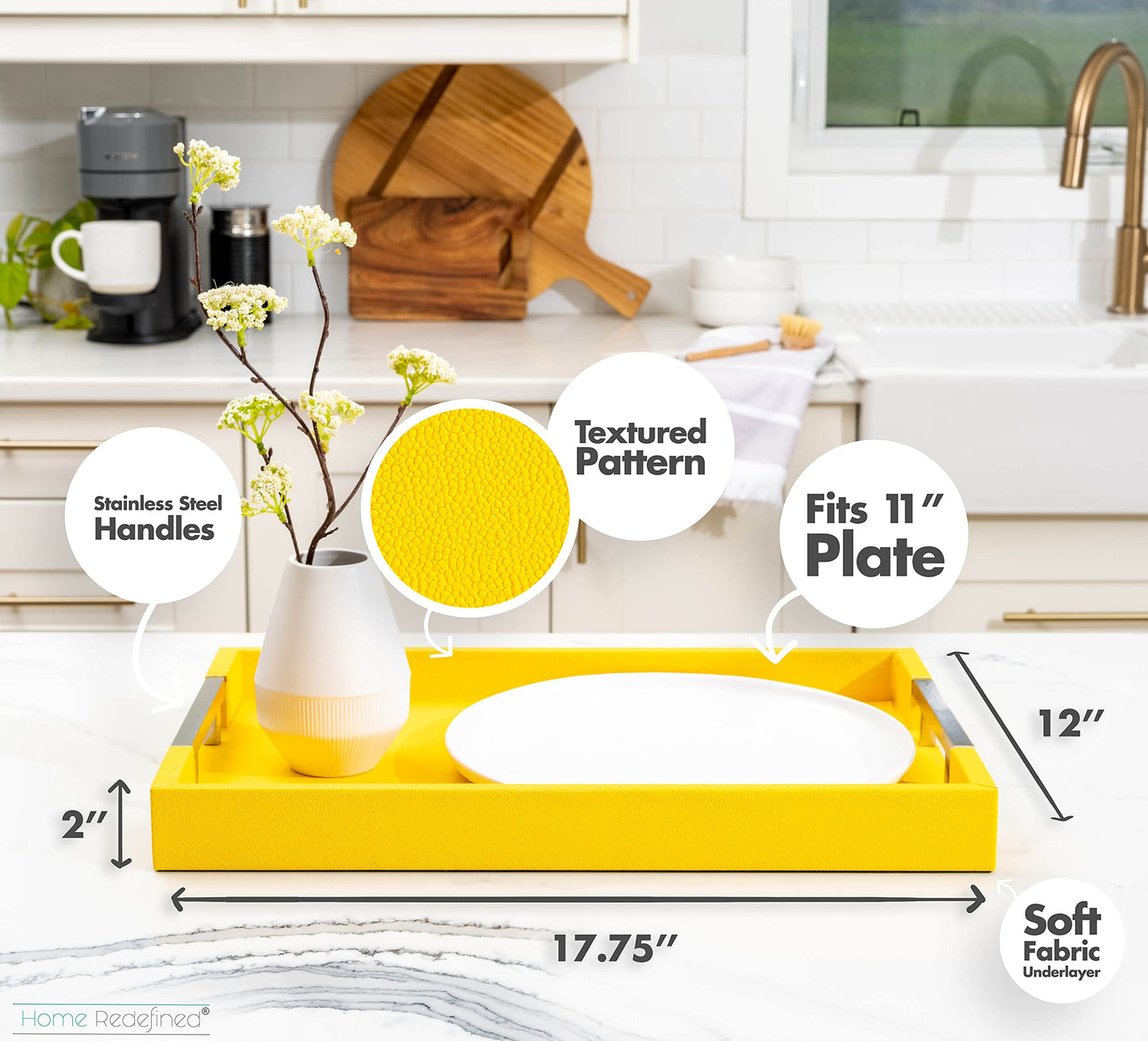 Modern Elegant 18"x12" Rectangle Yellow Shagreen Faux Leather Decorative Tray Ottoman Coffee Table Perfume Dresser Kitchen Serving Tray with Silver Metal Handles by Home Redefined for All Occasion's