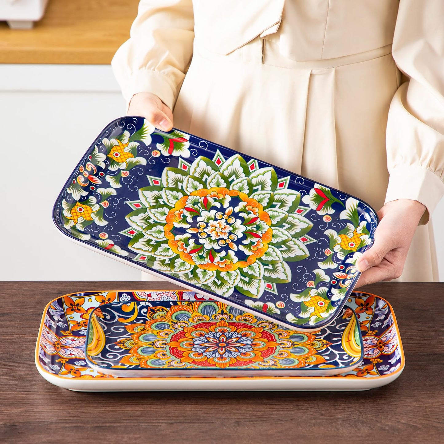 Set of 3 Colorful Bohemian Serving Platters, 16"/14"/12" Inch Rectangular Trays - Serving Platter Extra Large, Bohemian Ceramic Serving Dish for Entertaining Food, Microwave & Dishwasher Safe, Colorful