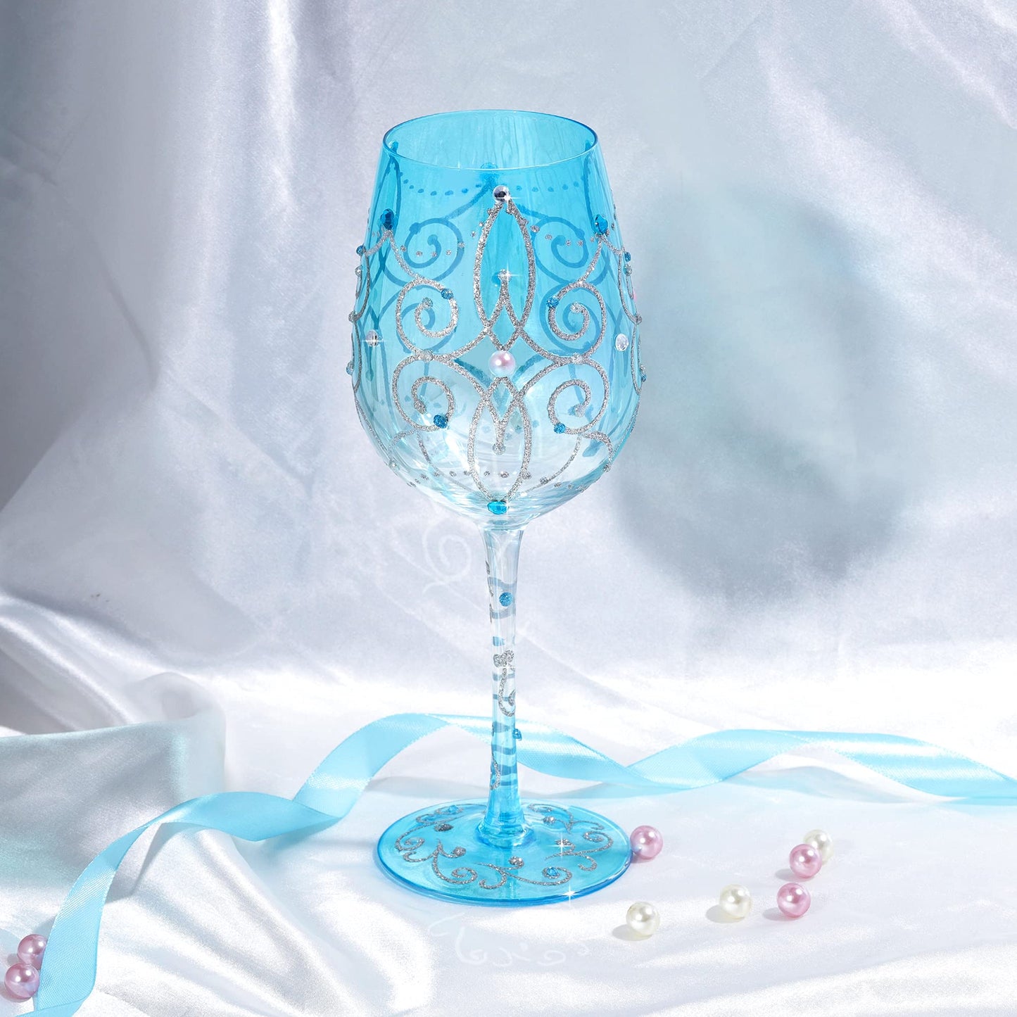 NymphFable Colorful Wine Glass Blue Princess Artisan Painted 15oz Personalised Gift for Birthdays Valentine's Day