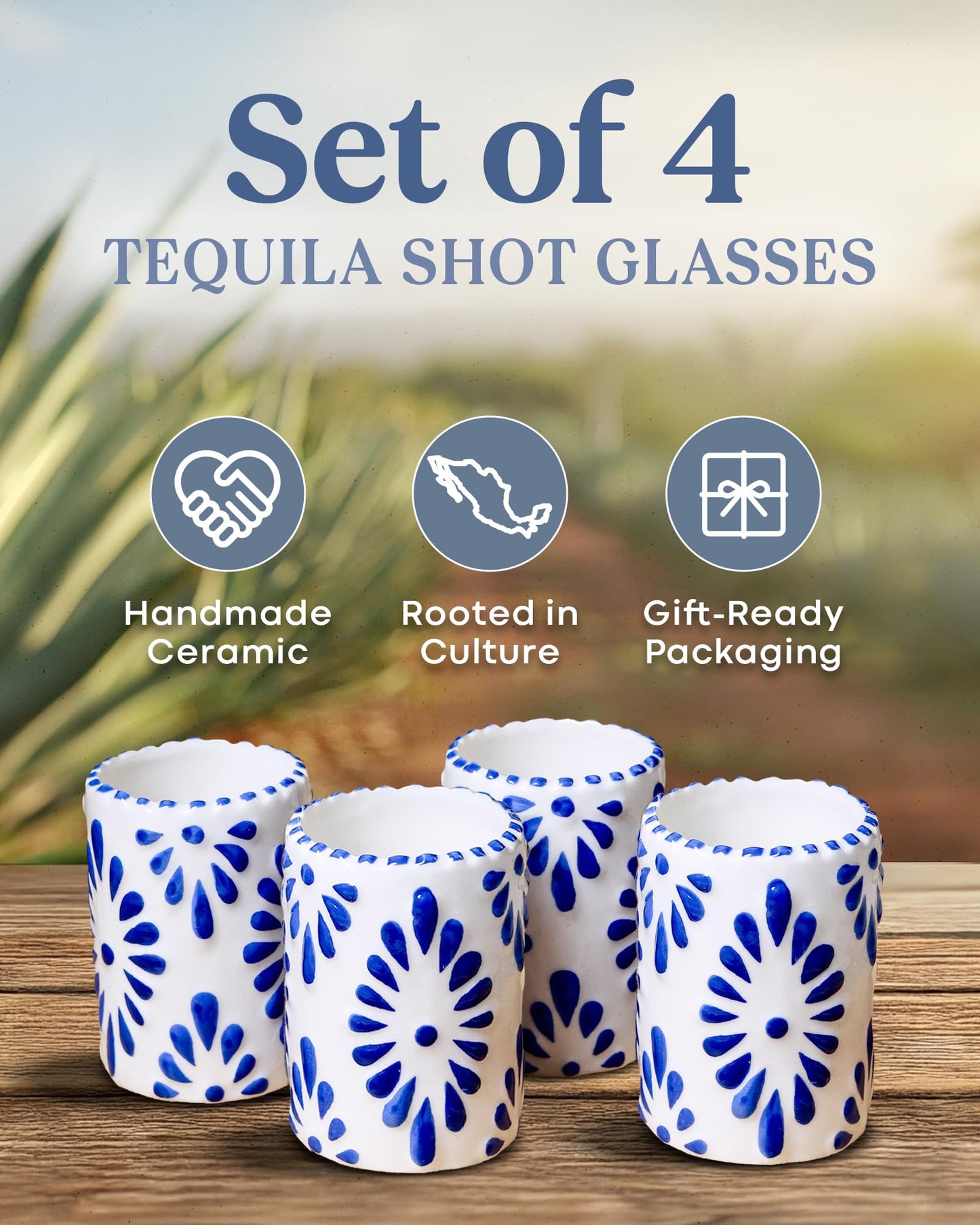 MEZCASA Talavera Shot Glasses — 100% Handmade Ceramic Tequila Shot Glasses with Talavera Mexican Pottery Design — Perfect Tequila Gifts for Women & Men for Any Occasion (BLUE | SET OF 4)