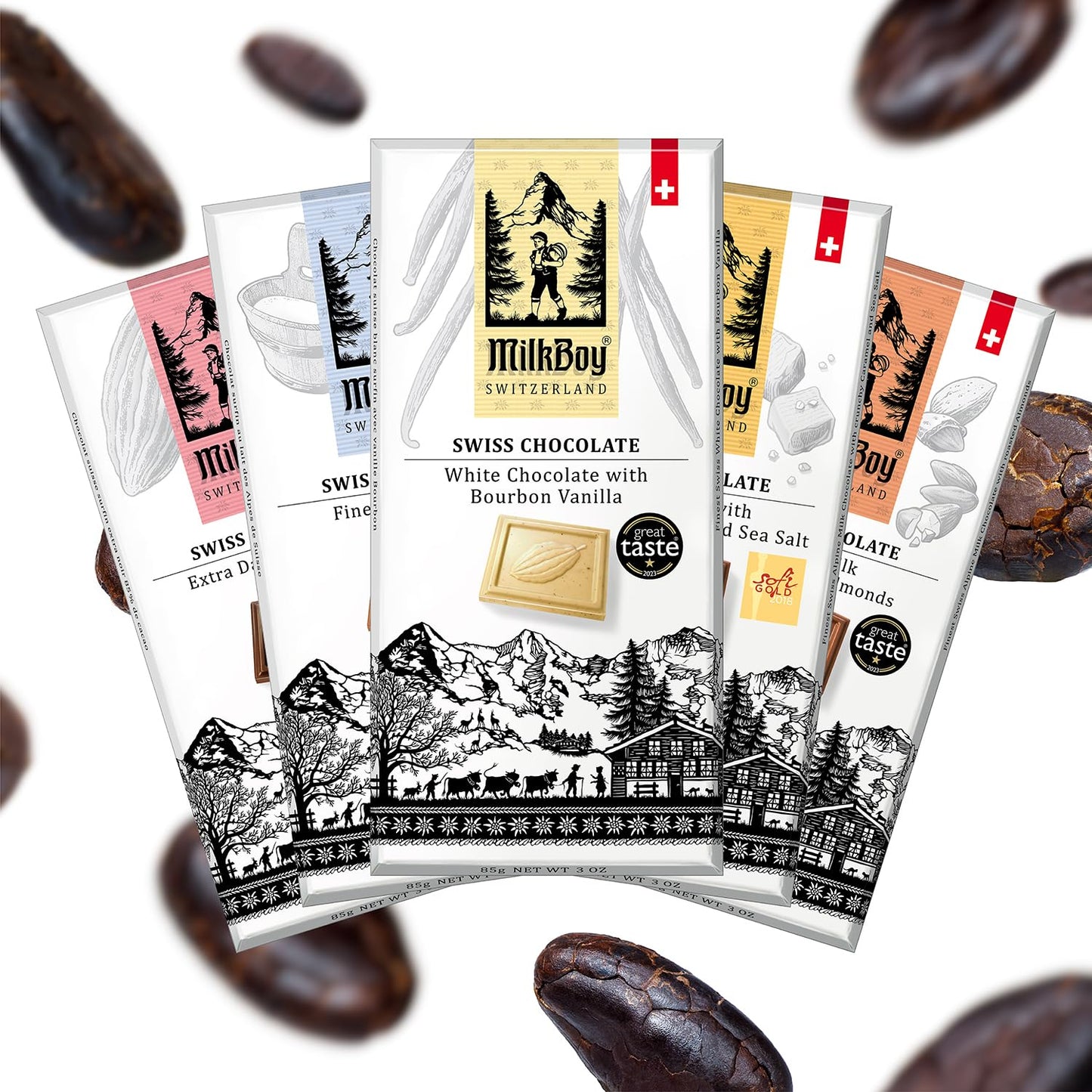 Milkboy Swiss Gourmet Milk Chocolate Bars - Dark Chocolates - White Chocolate Bar - Premium Handmade Chocolate Variety - Kosher - GMO Free - Chocolates Candy - (Pack of 5)