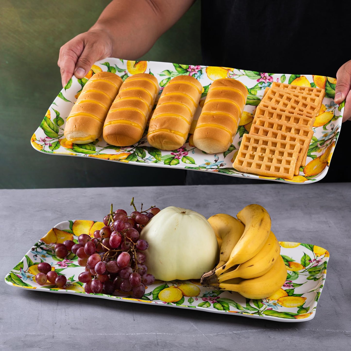 Lemon Print Large, Rectangular Melamine Tray/Platters, Set of 2, 17.5" x 10", 2-Piece Melamine Platters Serving Set, Dishwasher Safe