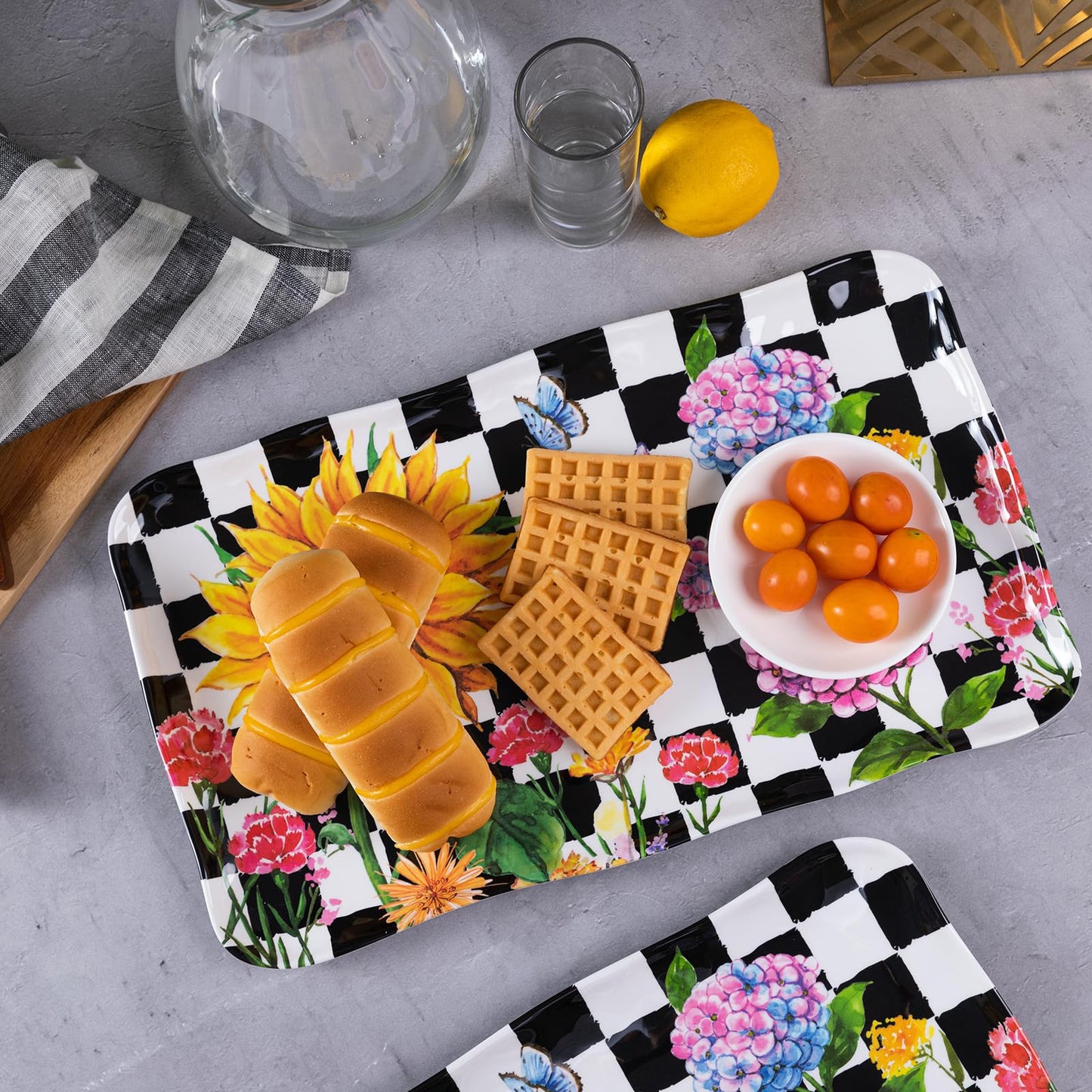 Black Plaid and Floral Rectangular Melamine Sunflower Serving Tray, 2-Piece Hydrangea Serving Platter Set, 17.5" x 10" Colorful Trays/Platters Sets for Outdoor and Indoor Dining and Entertaining Parties, Black Plaid