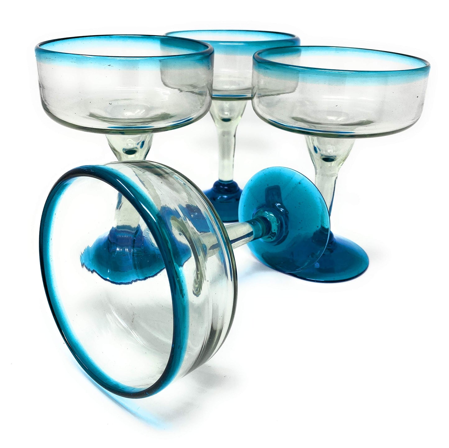 Dos Sueños Mexican Hand Blown Glass Drinkware Set - Includes Pitcher (84oz) and 4 Margarita Glasses (16oz) – Aqua Rim