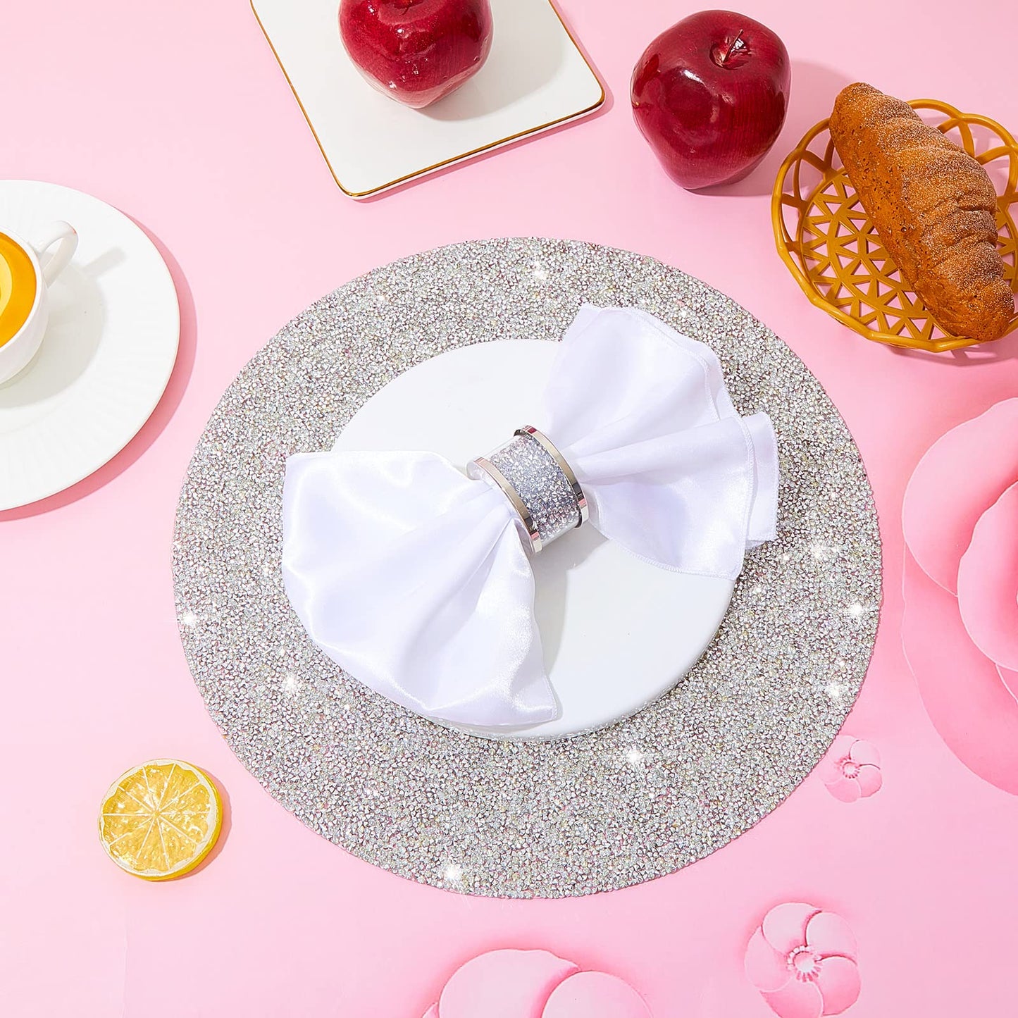 Suclain 4 Set Crushed Diamond Silver Napkin Rings Rhinestone Placemats Set Napkin Rings Holder Silver Crushed Rhinestone Placemats 13 x 13'' for Wedding Party Dinner Table Decoration