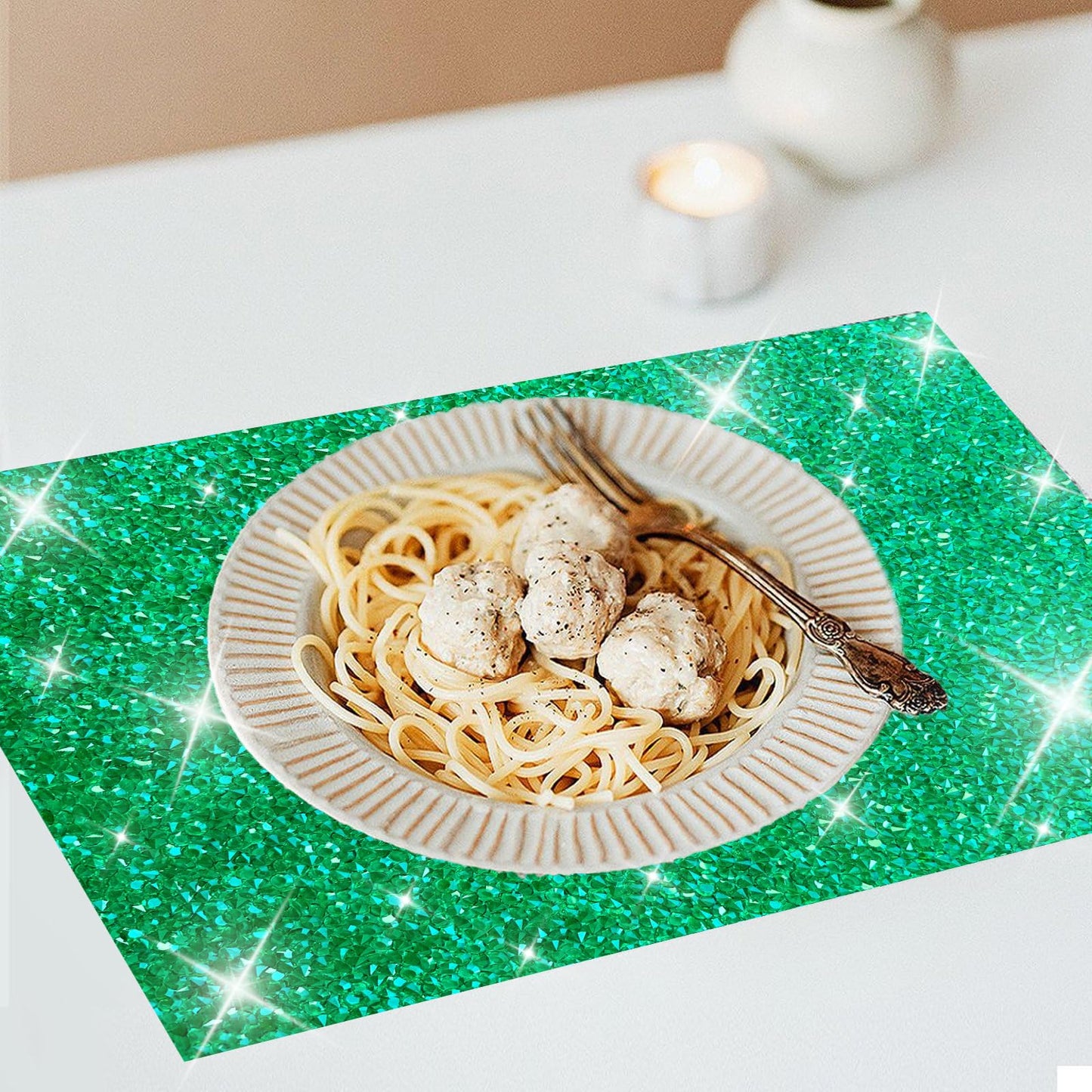 Green Placemats Emerald Heat Resistant Mat Square Placemats Green Trivets Rhinestone Decor Place Mat Crushed Diamond Decor Bling Sparkly Mat Set of 2