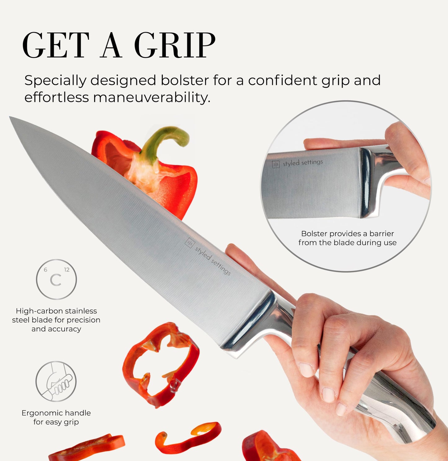 Styled Settings Stainless Steel Knife Set with Built In Sharpener - 14-Piece Ultra Sharp, High Carbon Stainless Steel Kitchen Knife Set includes White Knife Base