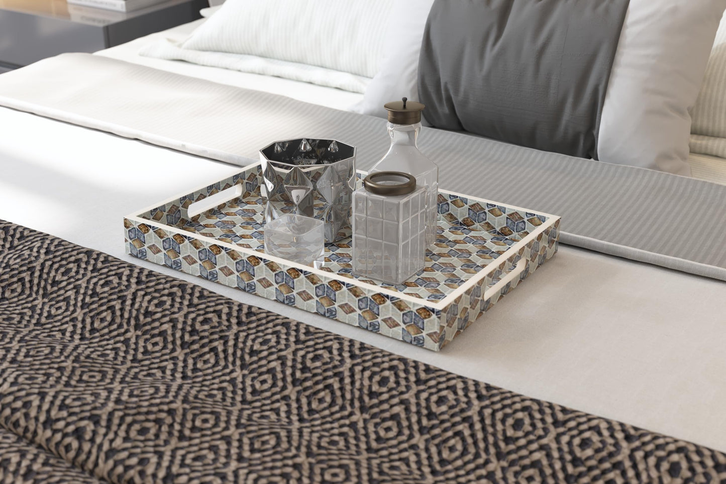 Rectangular Mother of Pearl Serving Tray Nacre Wood Lap Tray Coffee Table Ottoman Tray w Insert Handles, Luxury Decorative Handmade Eating Tray (Geometric Cube)