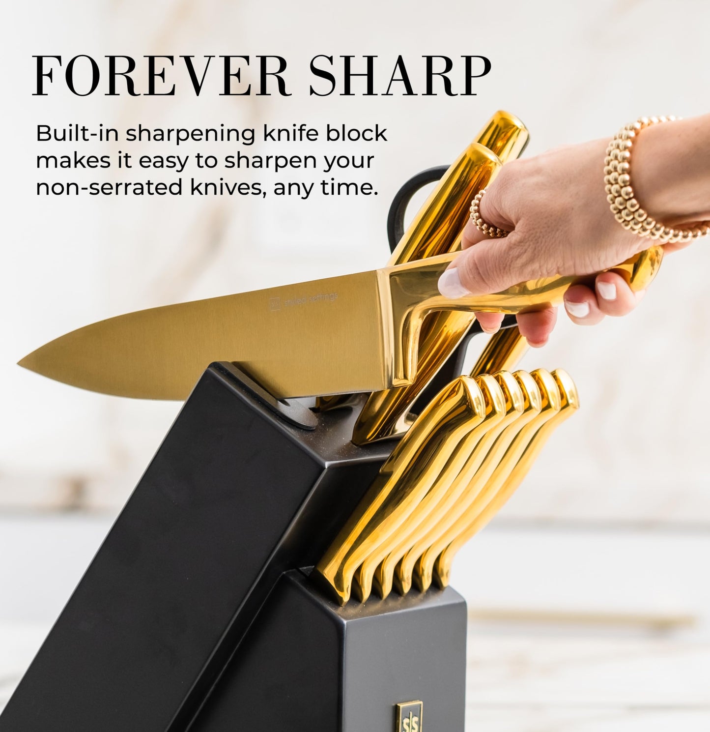 Black and Gold Knife Set with Block – 14-Piece Ultra-Sharp Full Tang Knives with Self-Sharpening Knife Block – Stylish Black and Gold Kitchen Accessories and Decor