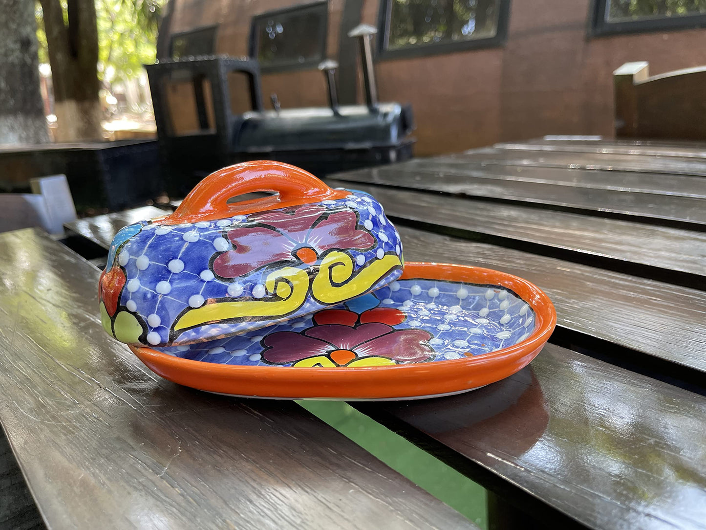 MEXTEQUIL - Butter Dish Ceramic Talavera with Lid Hand Painted Authentic Mexican Pottery Kitchen Floral Design (Orange)