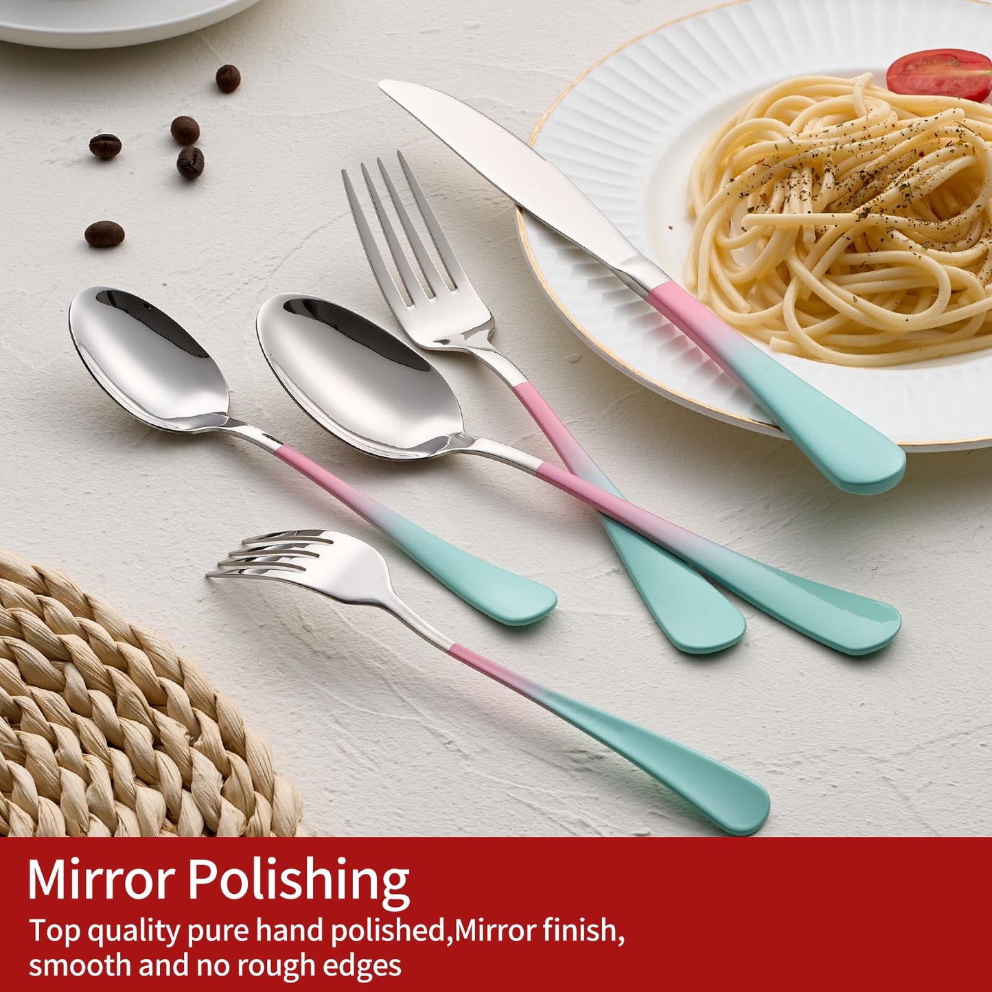 Unique Pink and Aqua 20-Piece Silverware Set 18/0 Stainless Steel Flatware Pink and Green Handle Cutlery Set Service for 4 Fork Knife Spoon Set Mirror Finish Dishwasher Safe