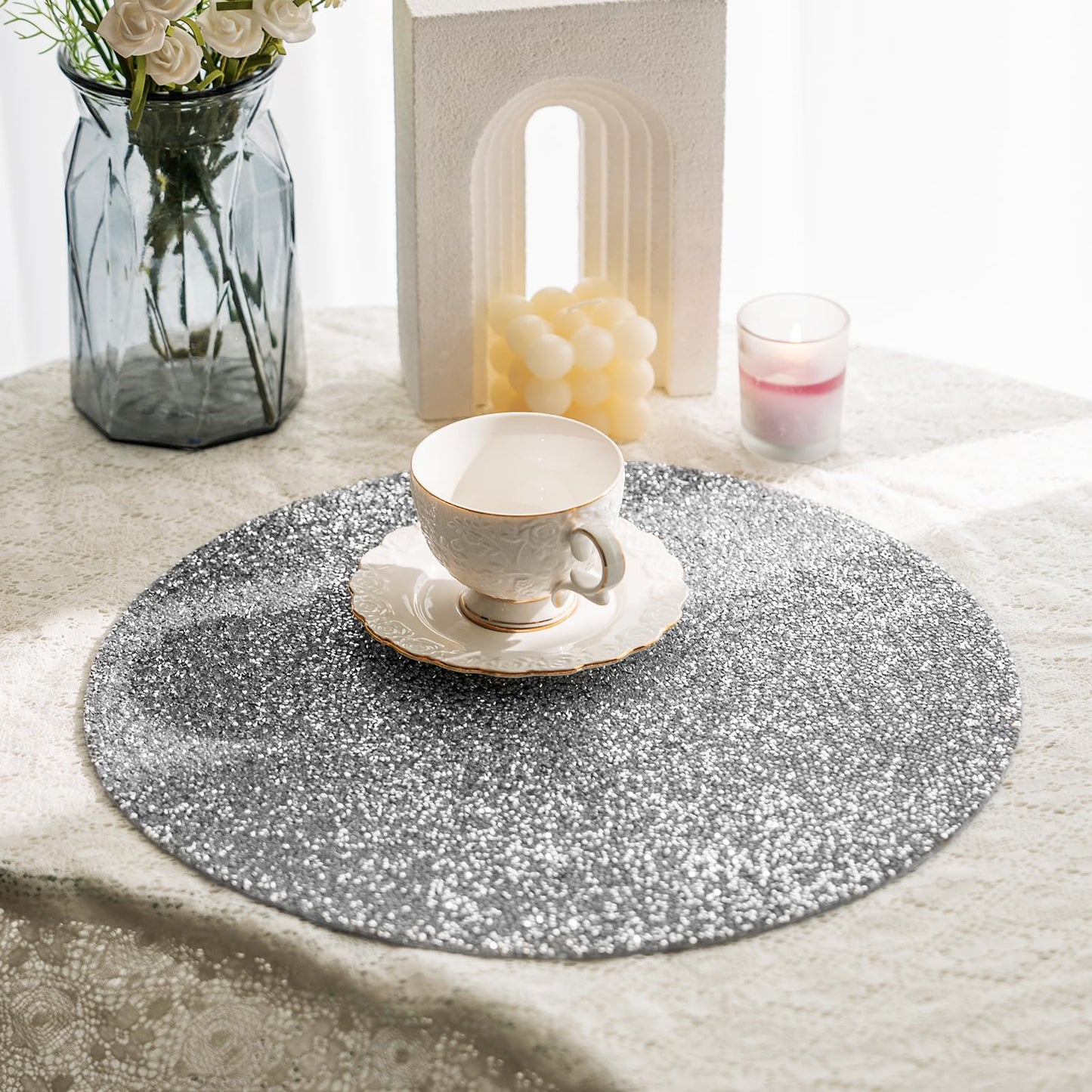 Cumouna Silver Placemat Sparkle Crushed Rhinestones Round Washable Elegant Glitter Table Mat for Fall Halloween Wedding Christams Kitchen Home Decor Housewarming Gifts (15 Inch)