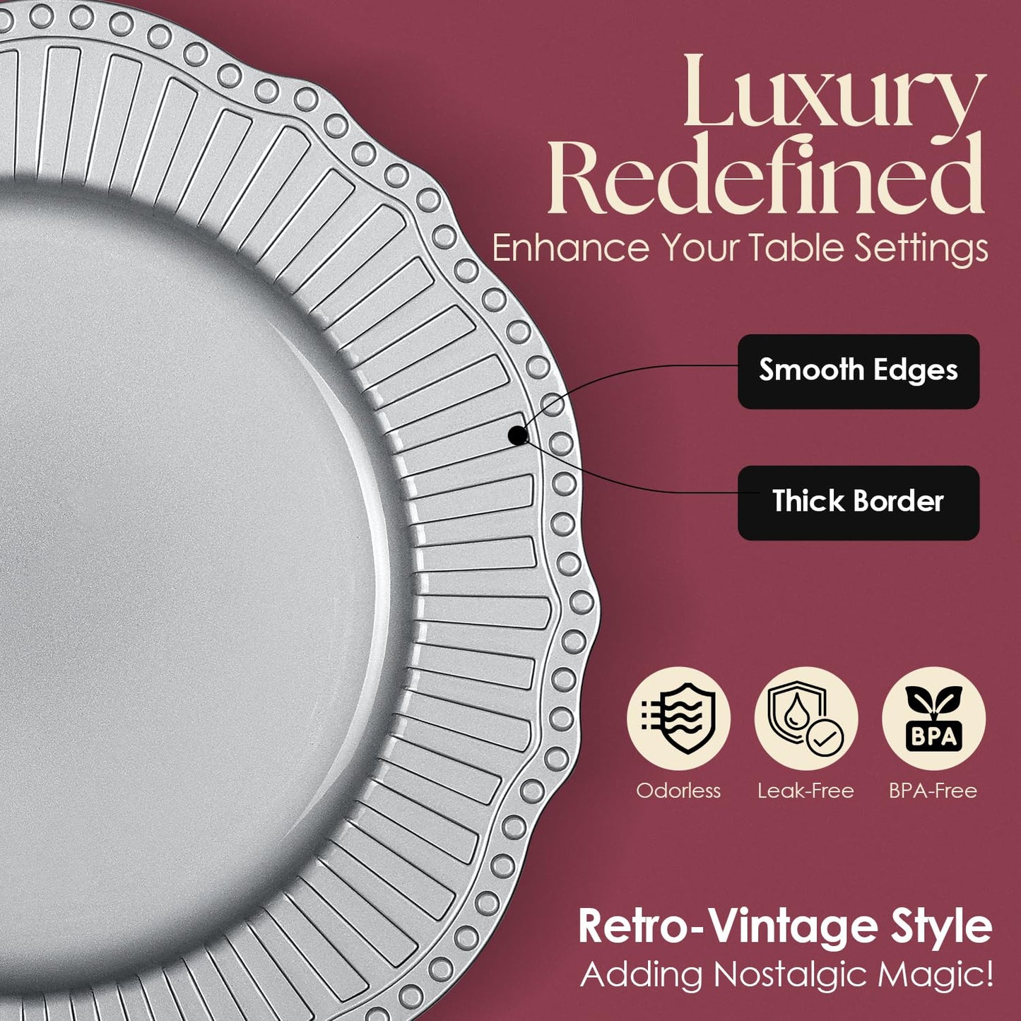 TABLETROVES Silver Charger Plates Set - 13” Vintage Plastic Dinnerware Set - Reusable Elegant Serving Plates for Parties, Weddings and Events (6 Set)