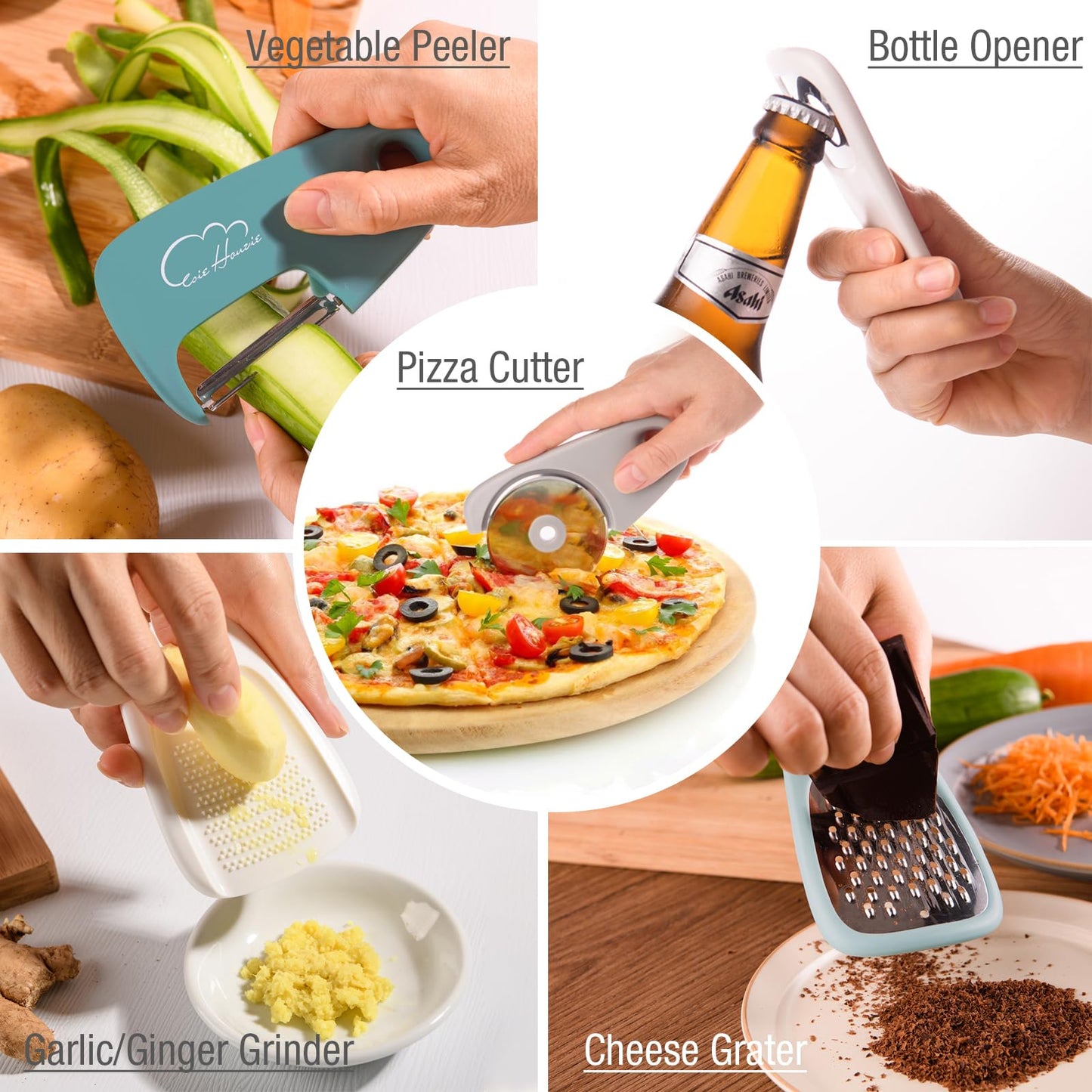 Kitchen Gadgets Set 13-Piece, Space Saving Cooking Tools Includes Cheese Grater, Pizza Cutter, Peeler, Bottle Opener, Garlic Grinder, Collapsible Measuring Cups Spoons for Small Kitchen RV Camp