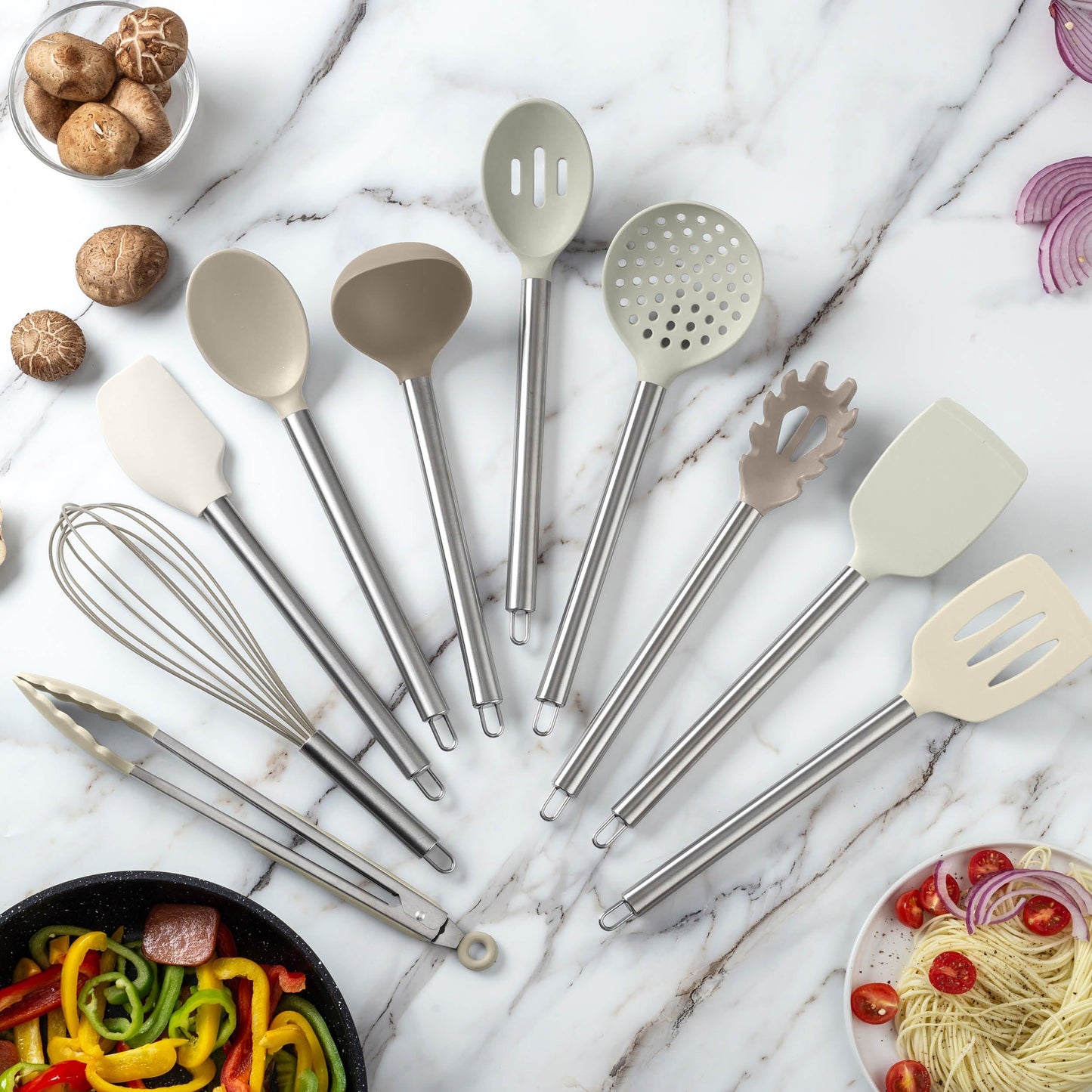 Beige COOK WITH COLOR Silicone Cooking Utensils, Kitchen Utensil Set, Easy to Clean Silicone Kitchen Utensils, Cooking Utensils for Nonstick Cookware, Kitchen Gadgets Set, 10 Pieces, Brown