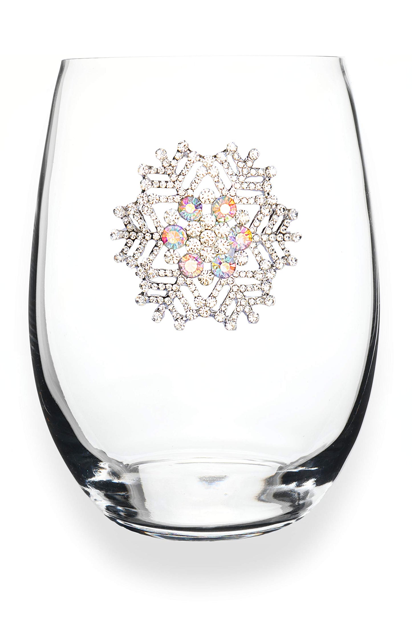 THE QUEENS' JEWELS Snowflake Jeweled Stemless Wine Glass, 21 oz. - Unique Gift for Women, Birthday, Cute, Fun, Holiday, Not Painted, Decorated, Bling, Bedazzled, Rhinestone