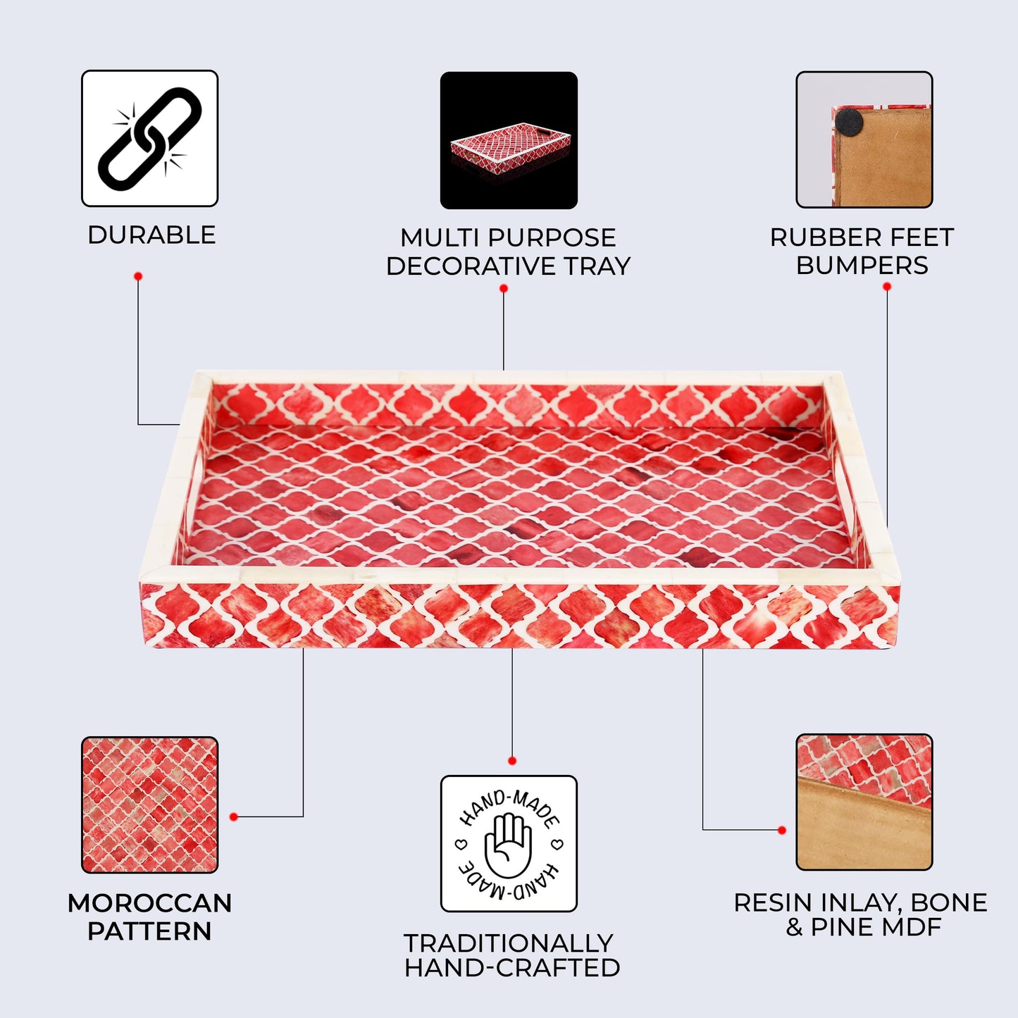 Chic Red Moroccan Pattern Inspired Decorative Trays 11x17 - Chic Red Centerpiece, Versatile Ottoman Tray for Modern Home Decor, Artistic Kitchen Serving Tray, Tray for Living Room