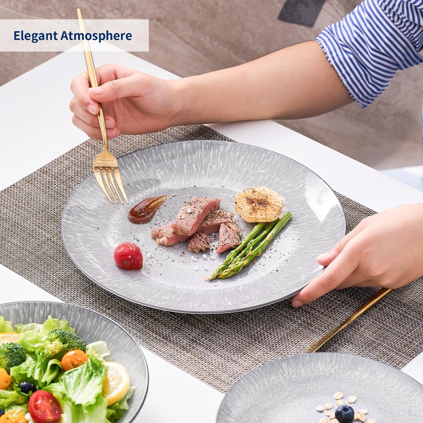 Bestone Plates and Bowls Sets,12 Pieces Round Porcelain Dinnerware Sets,Dishes, Plates, Dishware Sets,Chip Resistant Ceramic Dish Set Dining Dinner Ware Service for 4,Starry Sky Grey