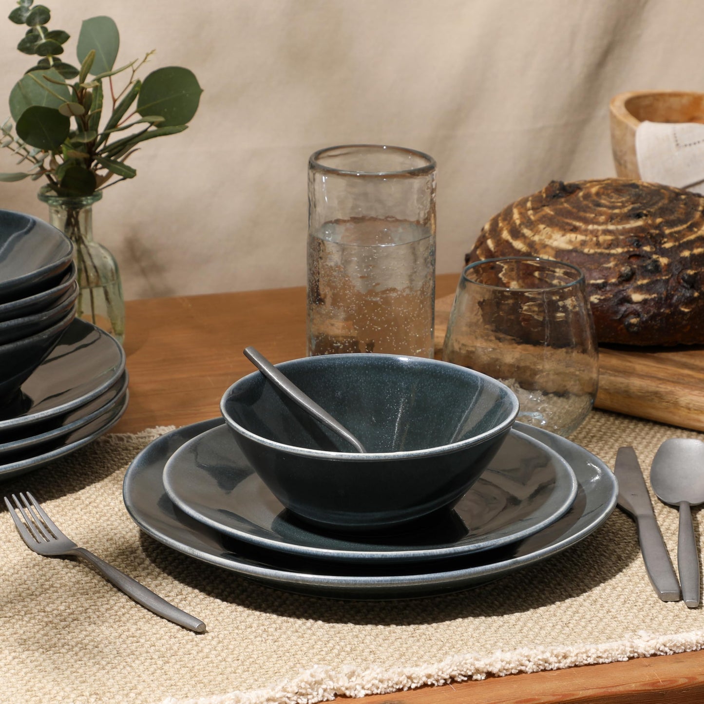 Bloomhouse - Oprah's Favorite Things - Montecito Breeze 16 Piece (Service for 4) Double Plates and Bowls Stoneware Reactive Glaze Dinnerware Set - Laguna Dawn
