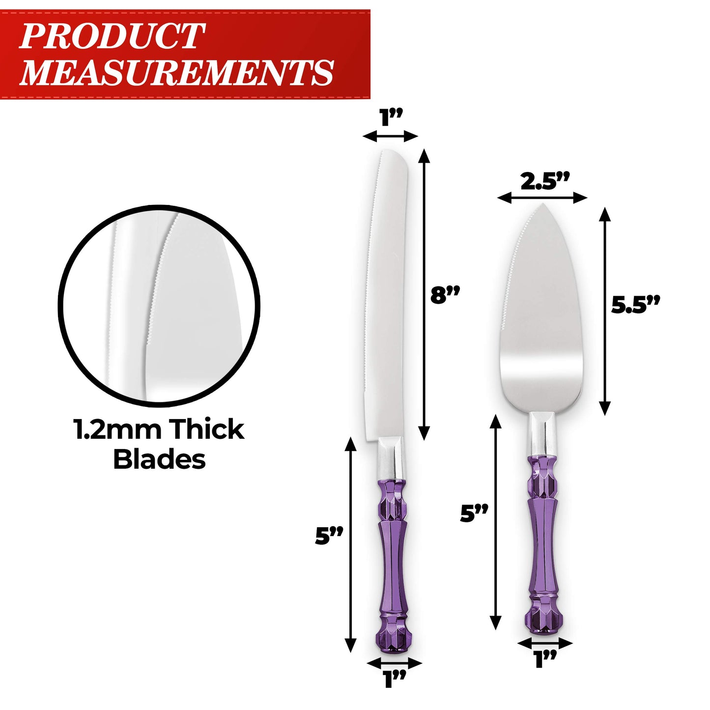Wedding Cake Knife and Server Set Purple, Cake Cutter and Pie Spatula, Cake Server and Knife Set of 2 with Acrylic Handles, 1.2mm Thick Blades, Cutting Set for Wedding Cake, Birthdays, and Parties