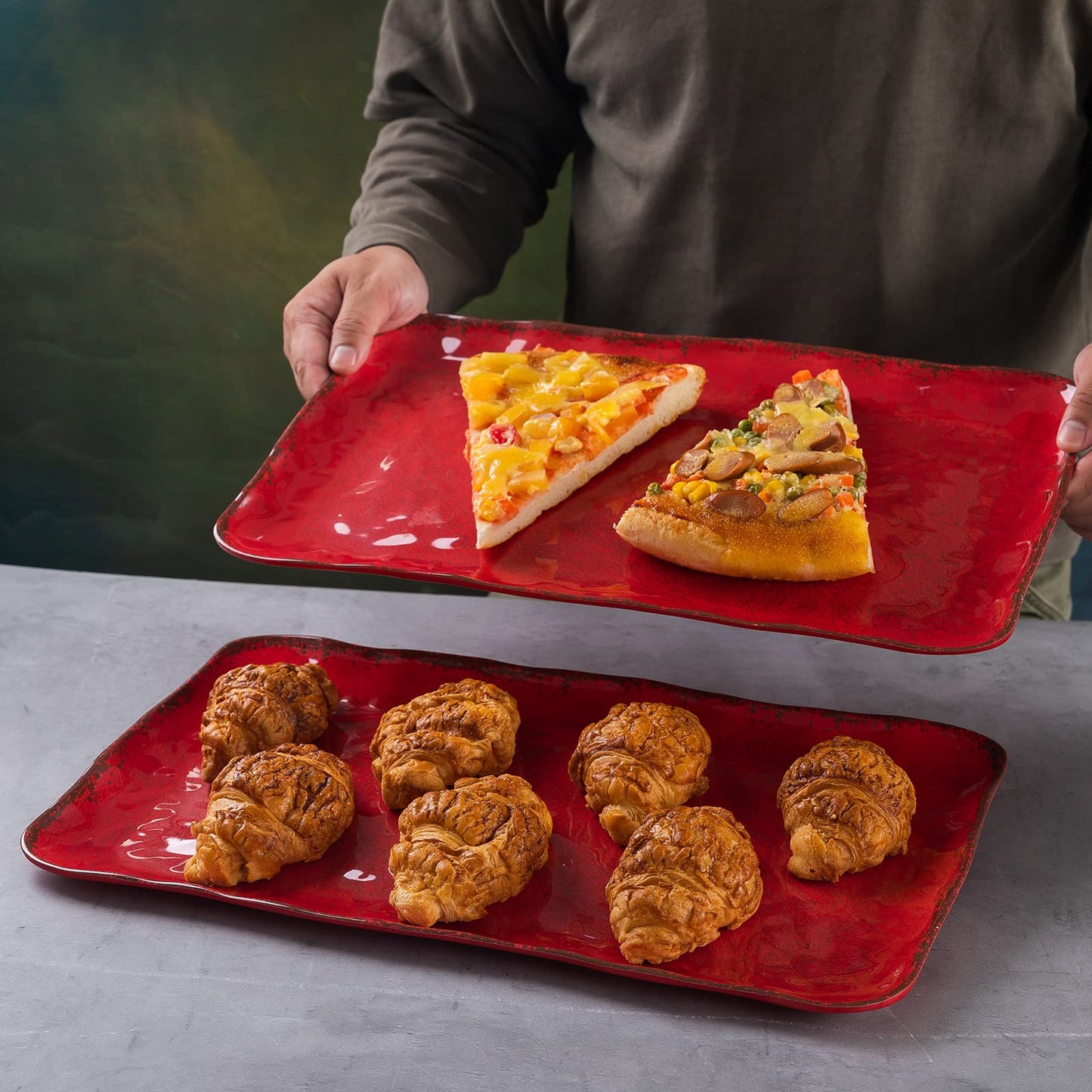 Crimson Red Melamine Platters for Serving Food, Colored Serving Trays, 17.5 x 10 Rectangular Turkey Serving Tray, Set of 2, Perfect for Outdoor, Christmas Parties, Restaurant, Dishwasher Safe