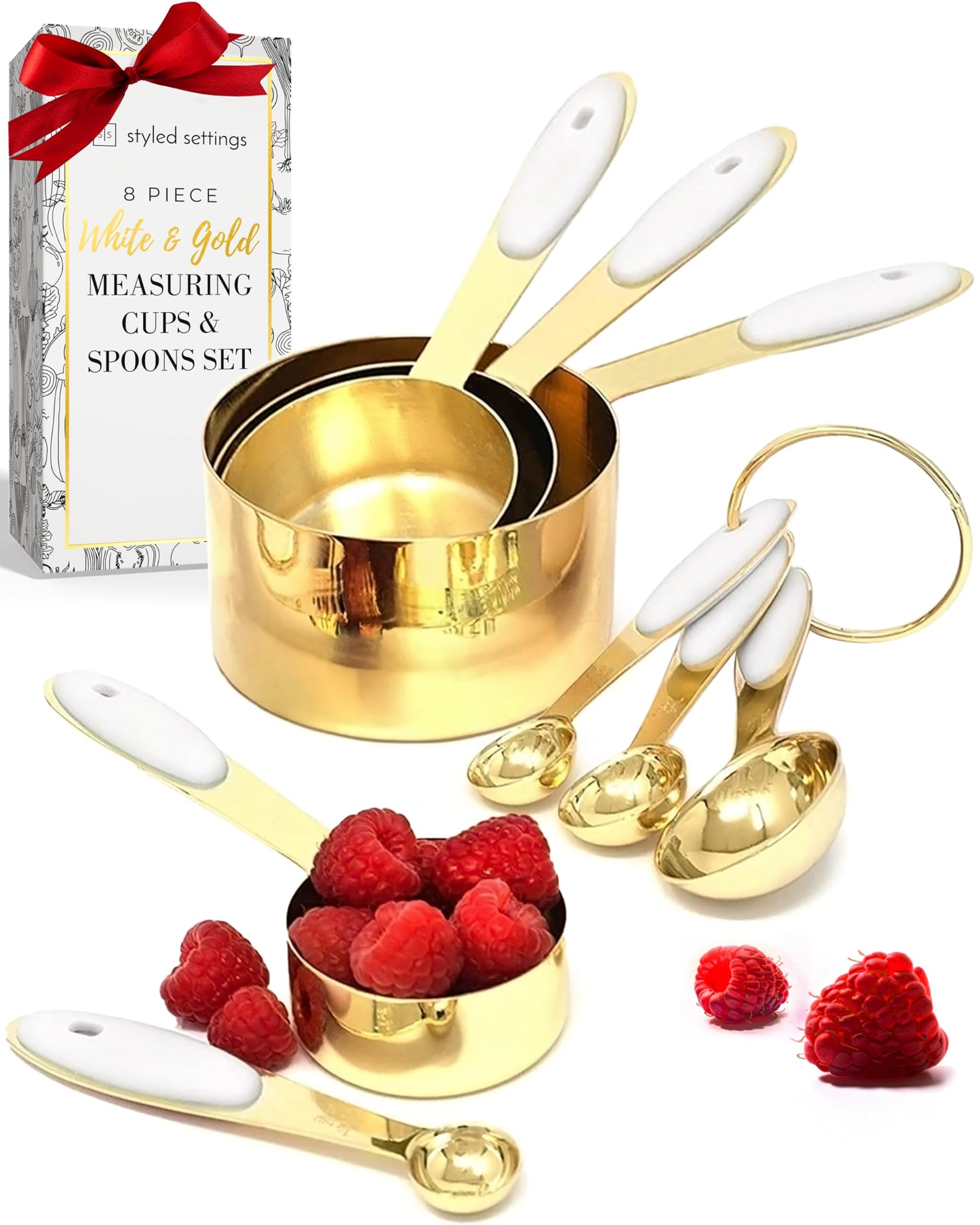 White and Gold Measuring Cups and Spoons Set - 8-Piece Stackable Stainless Steel Measuring Set - Stylish White and Gold Kitchen Accessories for Precise Baking and Cooking, Ideal Gift for Bakers and Home Chefs