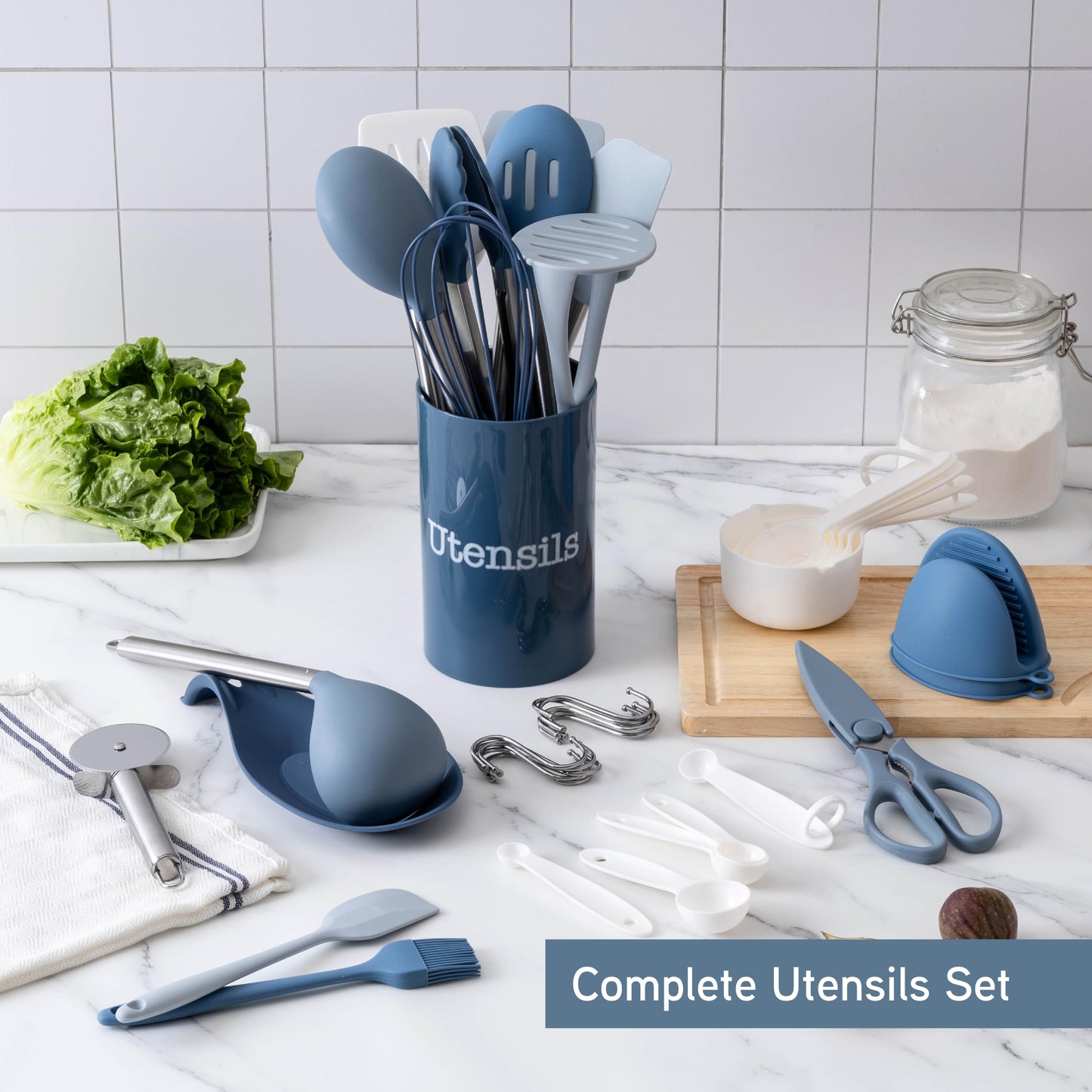 Blue and White 38-Piece COOK WITH COLOR Silicone Cooking Utensils, Kitchen Utensil Set, Easy to Clean Silicone Kitchen Utensils, Cooking Utensils for Nonstick Cookware, Kitchen Gadgets Set, 38 Pieces, Blue and White