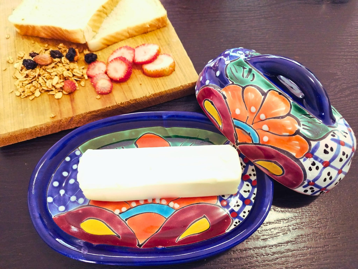 MEXTEQUIL - Butter Dish Ceramic Talavera with Lid Hand Painted Authentic Mexican Pottery Kitchen Floral Design (Blue)