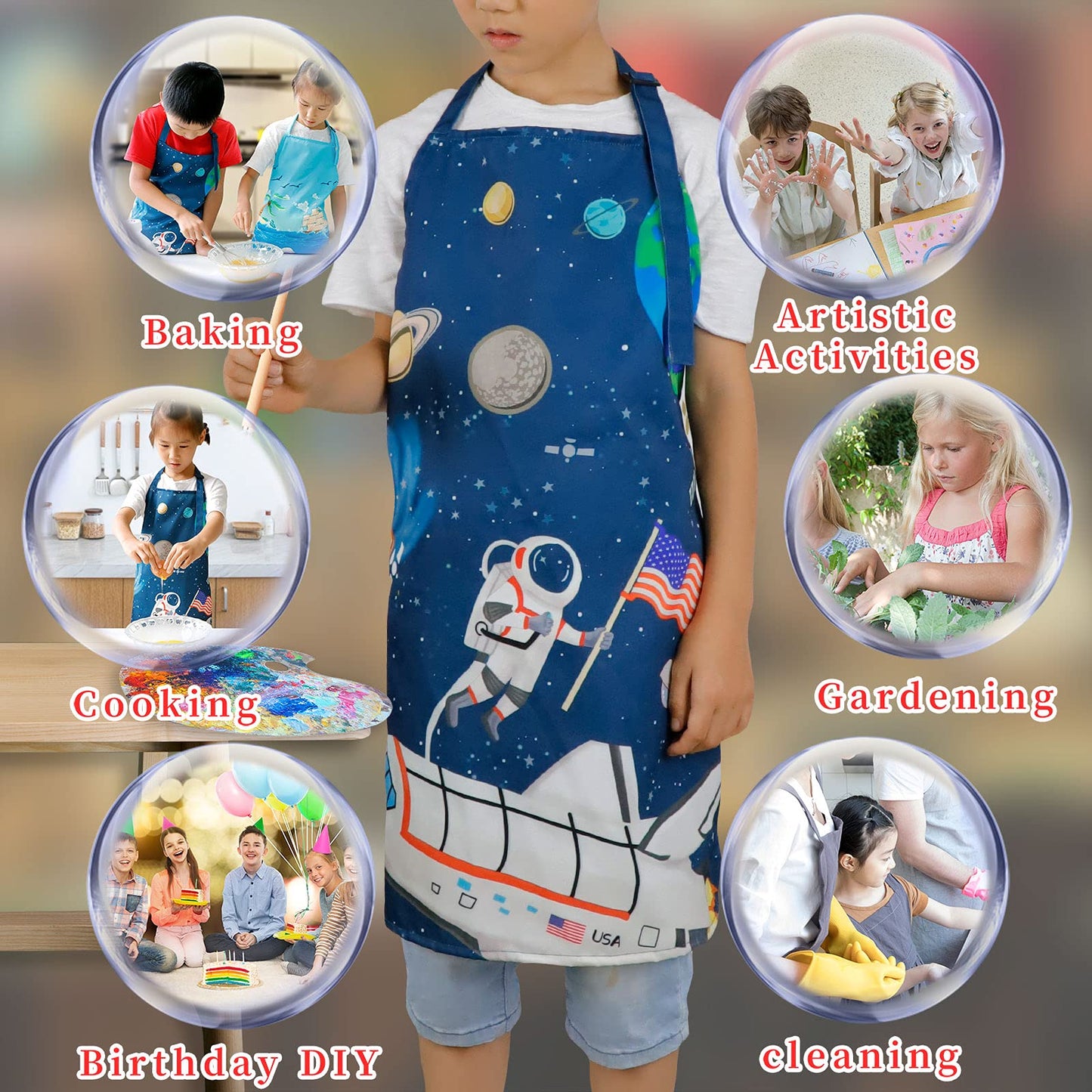 Kids Apron for Cooking or Crafts with Adjustable Neck Strap - Beach, Space or Dinosaur Theme