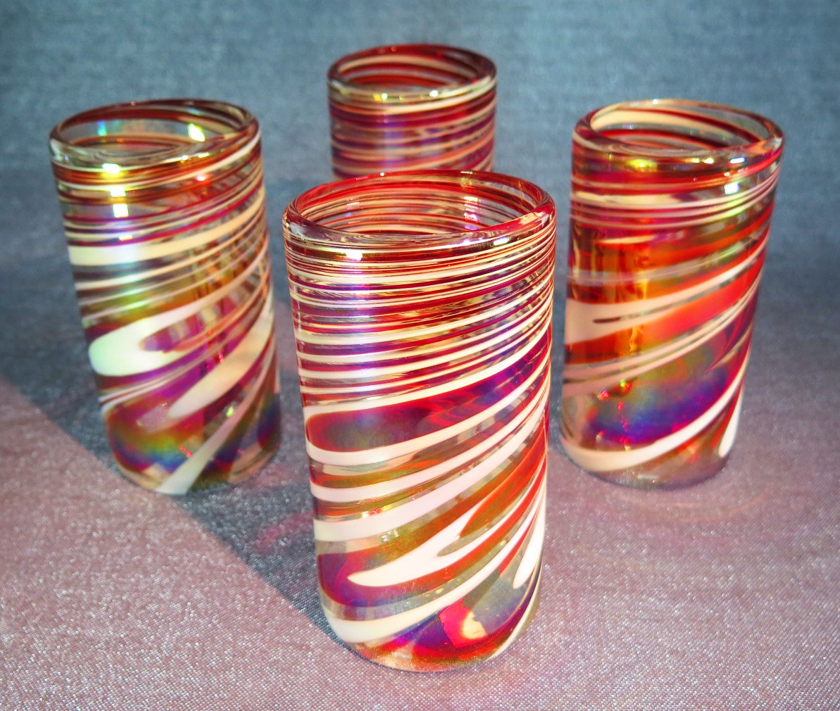 Hand Blown Glass Red White Swirl, Candy Cane design. (Set of 4)