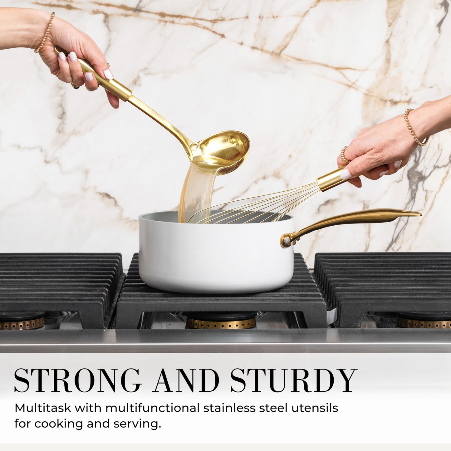 White Silicone and Gold Cooking Utensils Set with Gold Utensil Holder - 7-Piece Silicone Cooking Tools - Ideal for Nonstick Cookware and Stylish Modern Kitchens - Luxury Kitchen Accessories
