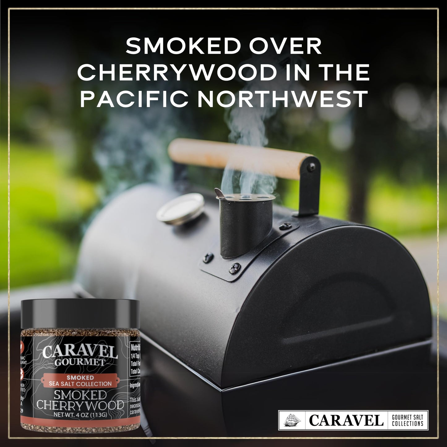 Smoked Cherrywood Fine Sea Salt - All-Natural Sea Salt Slowly Smoked for Perfect Smoky Flavor - No Gluten, No MSG, Non-GMO, Kosher - Cooking or Finishing Salt - 4 oz Jar - Caravel Gourmet