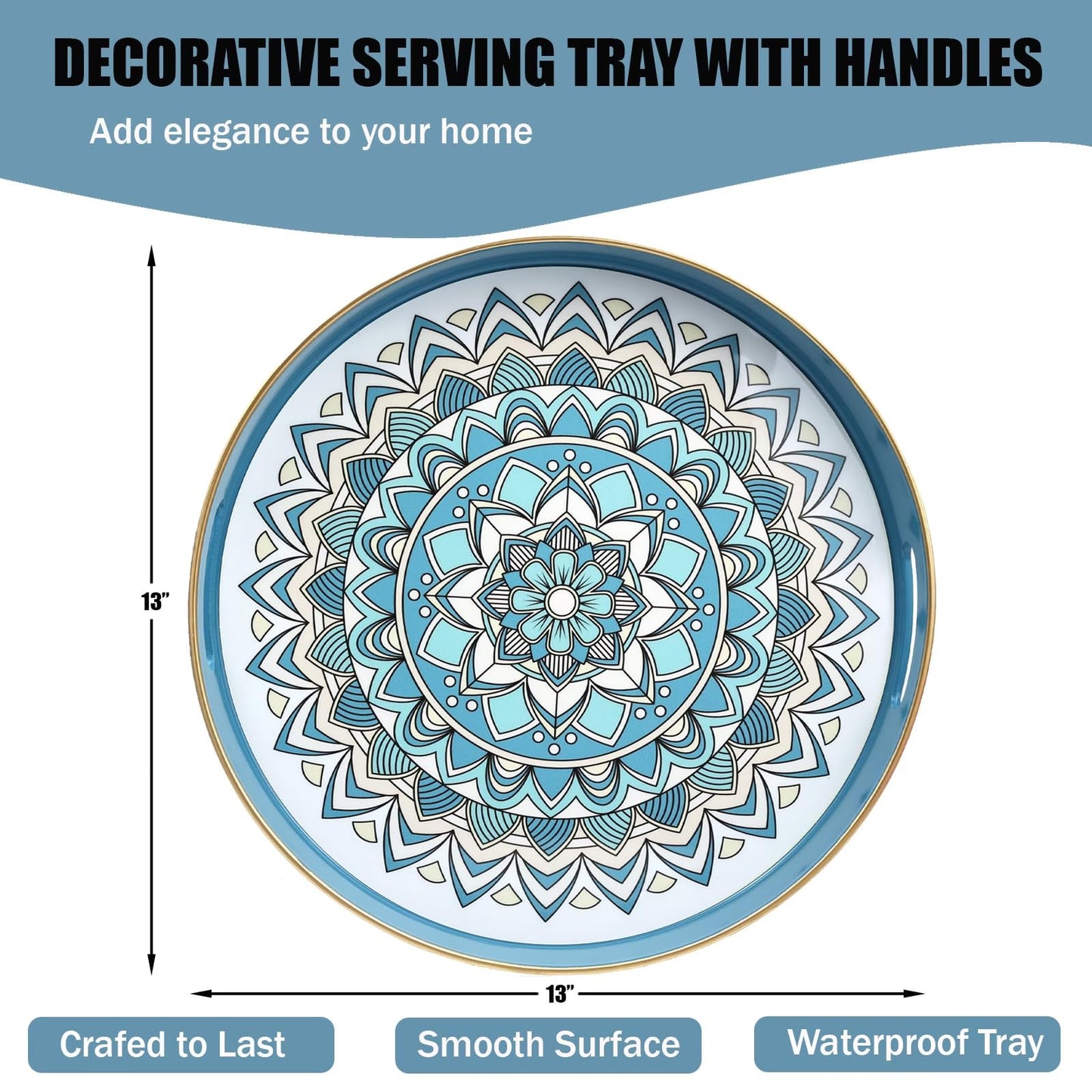 Round Cyan Decorative Tray for Coffee Table, Ottoman, 13” Plastic Serving Platter Tray with Handles for Entertaining, Living Room