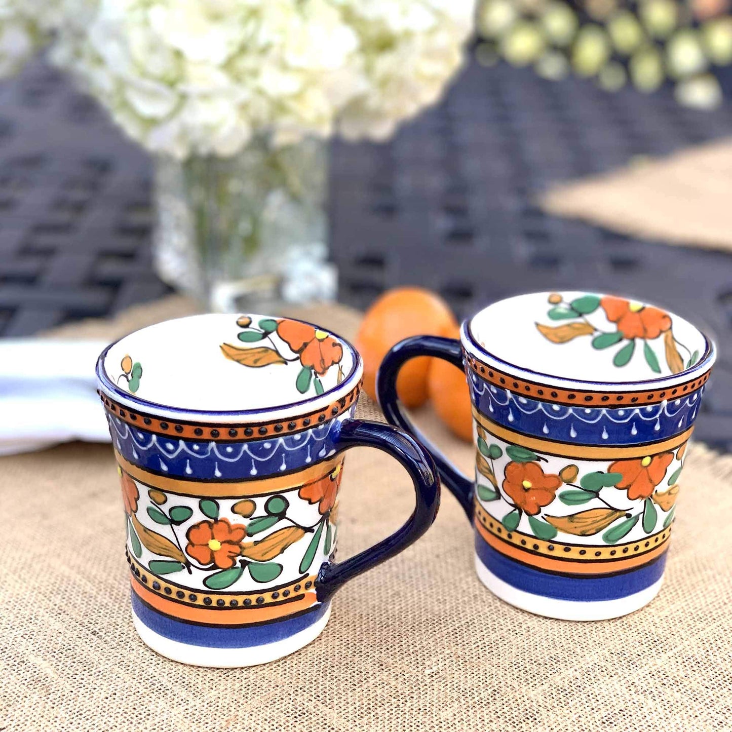 Global Crafts Encantada Handmade Hand-Painted Authentic Mexican Pottery Mugs (Orange Flower X2)