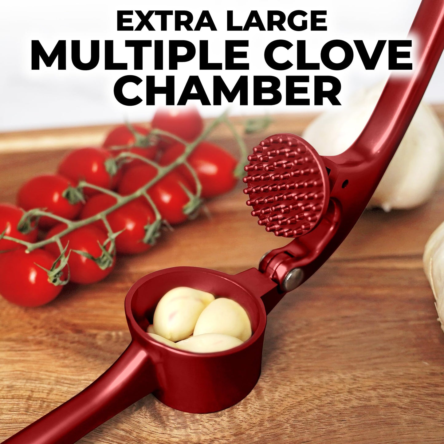 Zulay Kitchen Large Premium Garlic Press Set - Bigger Bowl for Bigger Garlic - Rust Proof and Dishwasher Safe Garlic Mincer Tool - Easy-Squeeze, Easy-Clean Silicone Garlic Peeler and Brush (Red)