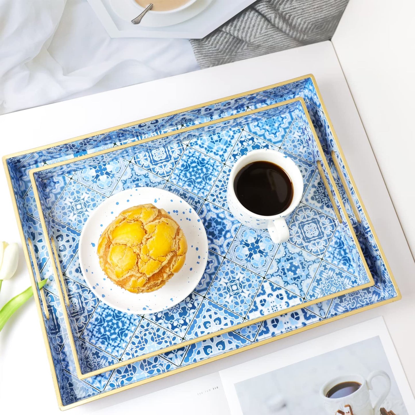 Spsyrine 2-Pack Decorative Plastic Serving Trays with Handles for Living Room, Coffee Table, Ottoman, Bathroom, Kitchen, Large 15.7”*11.8”*1.6", Small 13.7"*9.8", Boho Blue