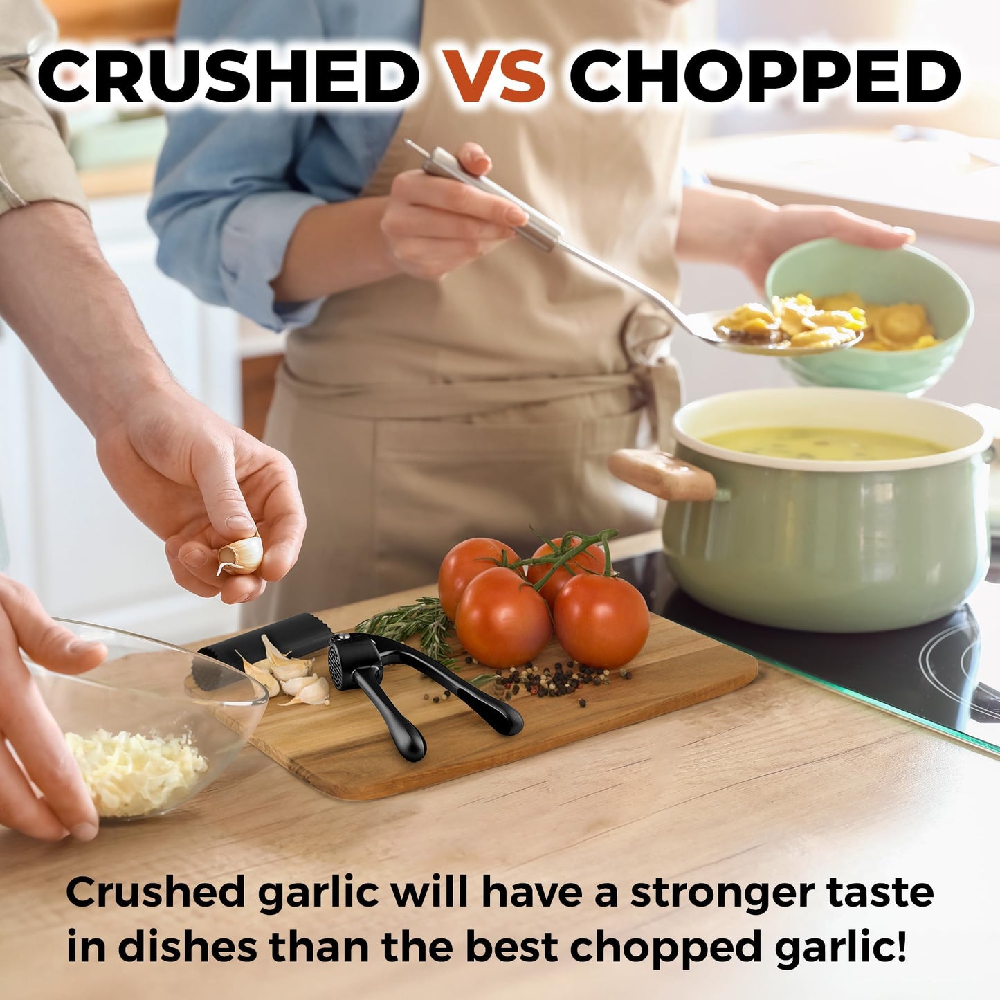 Zulay Kitchen Large Premium Garlic Press Set - Bigger Bowl for Bigger Garlic - Rust Proof and Dishwasher Safe Garlic Mincer Tool - Easy-Squeeze, Easy-Clean Silicone Garlic Peeler and Brush (Black)