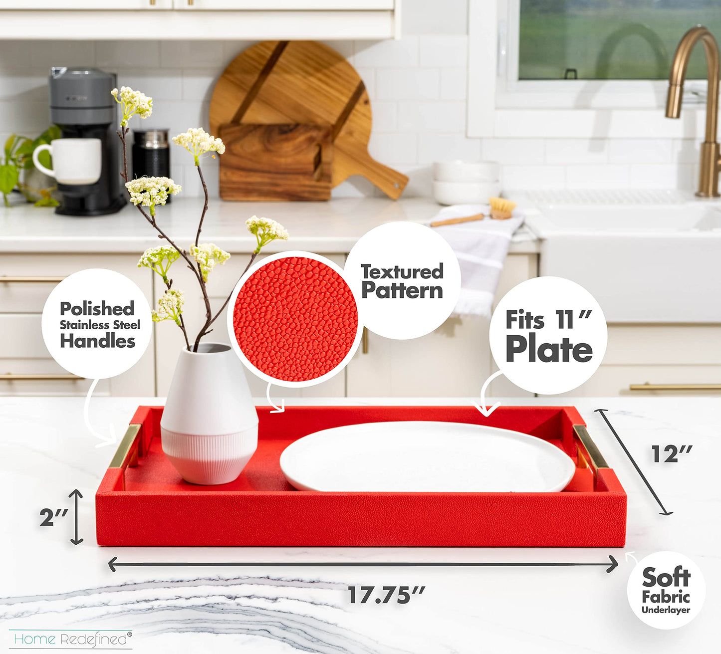 Modern Elegant 18"x12" Rectangle Red Shagreen Faux Leather Decorative Tray Ottoman Coffee Table Perfume Living Room Kitchen Serving Tray with Gold Polished Metal Handles by Home Redefined